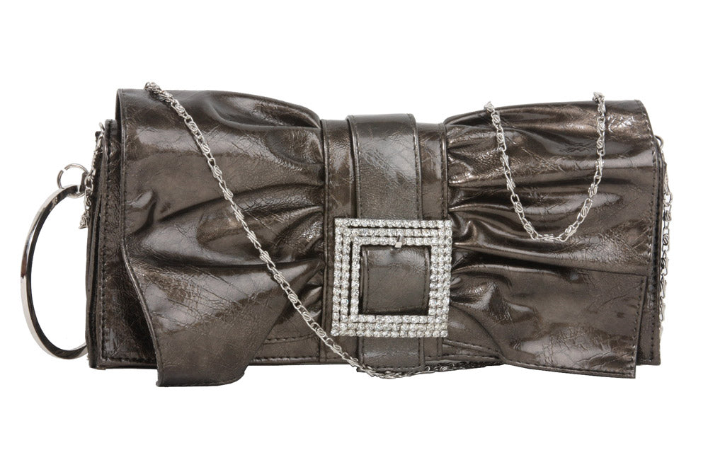 Rhinestone Buckled Metal Circle Let Ruffled Bow Design Patent Evening Bag - OnlineBelts