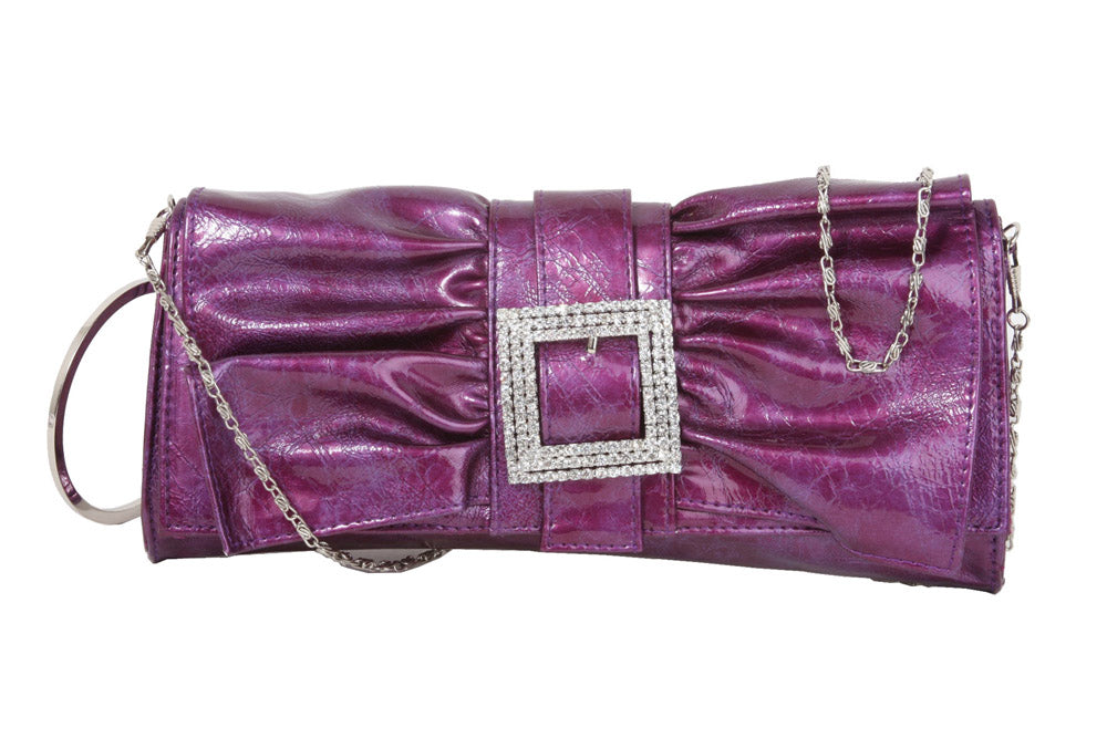 Rhinestone Buckled Metal Circle Let Ruffled Bow Design Patent Evening Bag - OnlineBelts