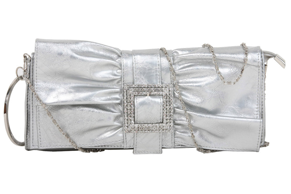 Rhinestone Buckled Metal Circle Let Ruffled Bow Design Patent Evening Bag - OnlineBelts
