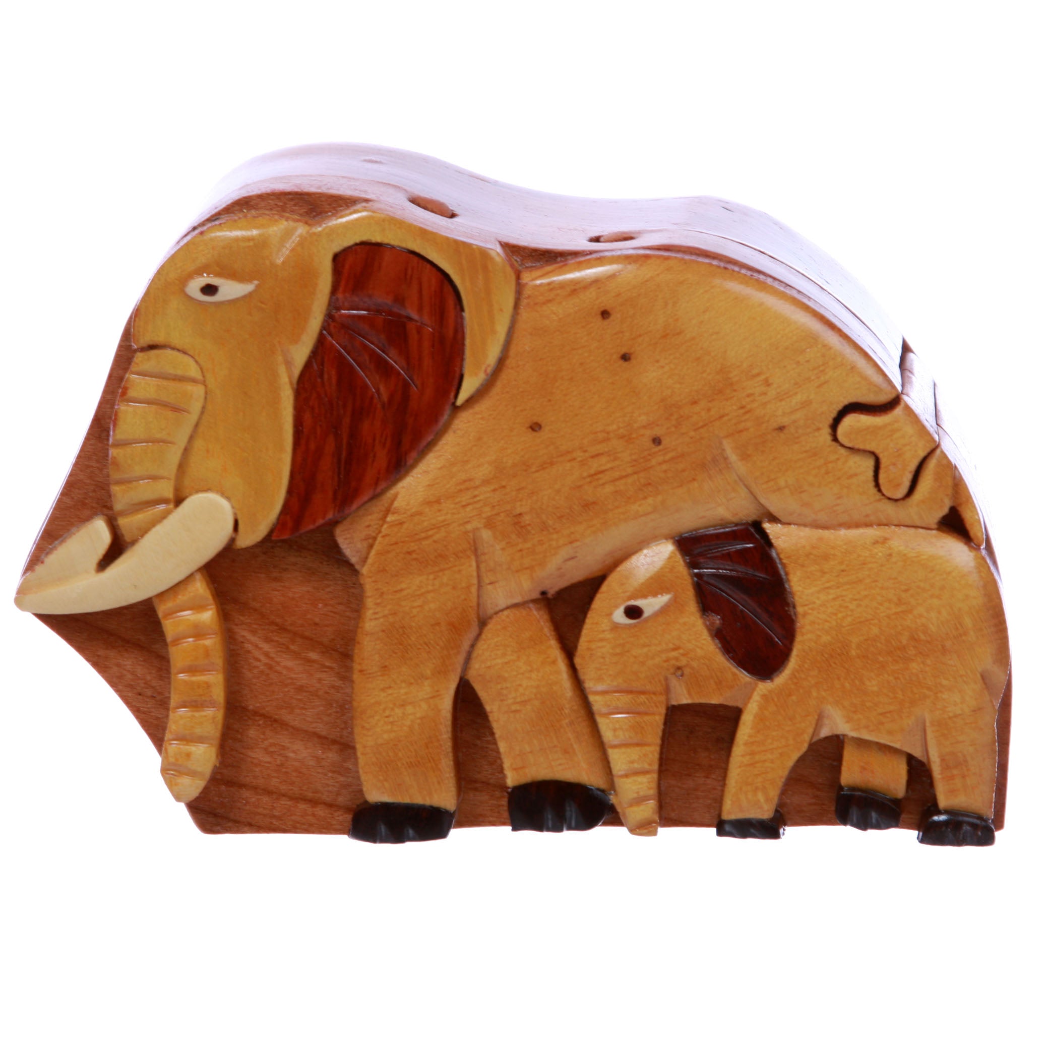 Handcrafted Wooden Animal Shape Secret Jewelry Puzzle Box - Elephants - OnlineBelts