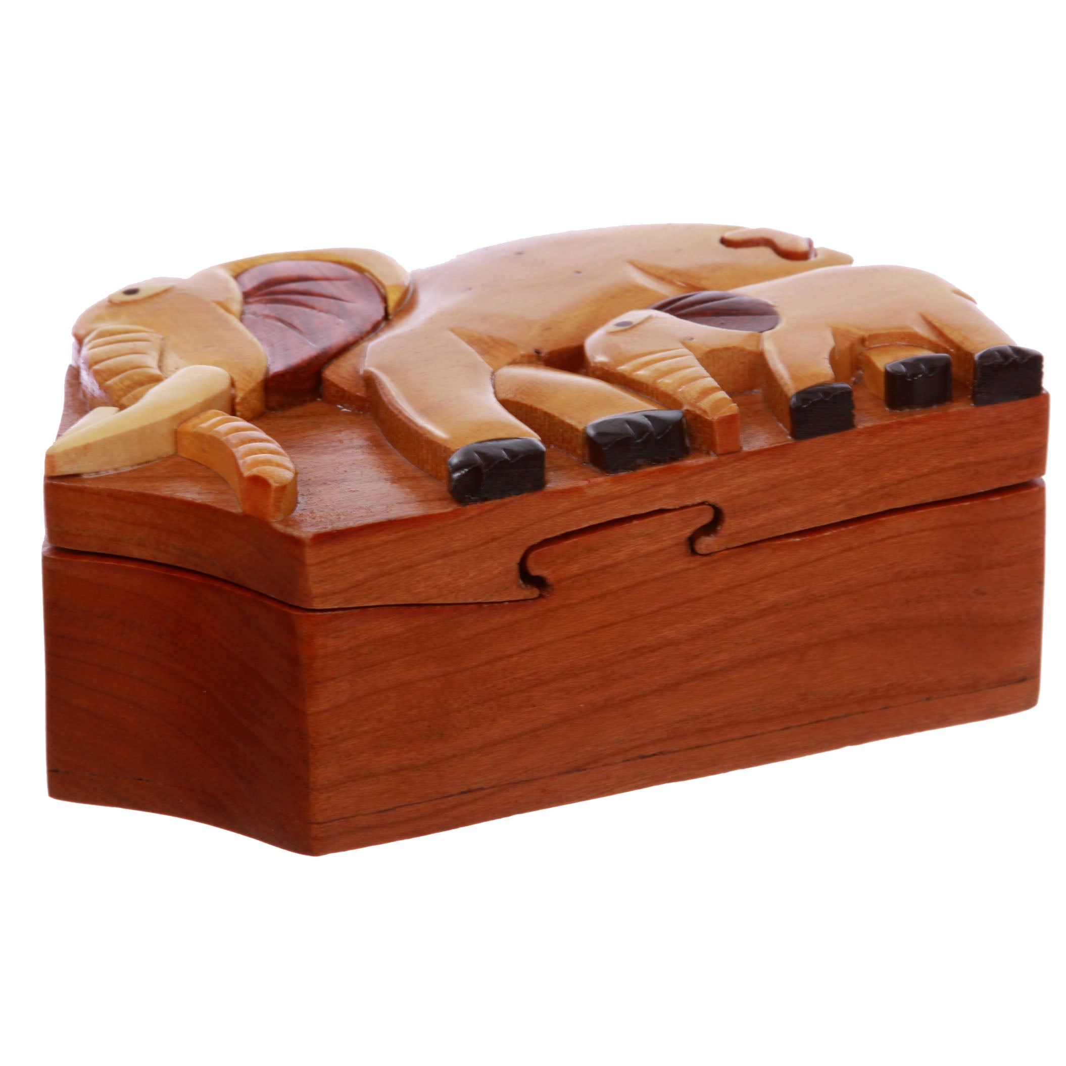 Handcrafted Wooden Animal Shape Secret Jewelry Puzzle Box - Elephants - OnlineBelts