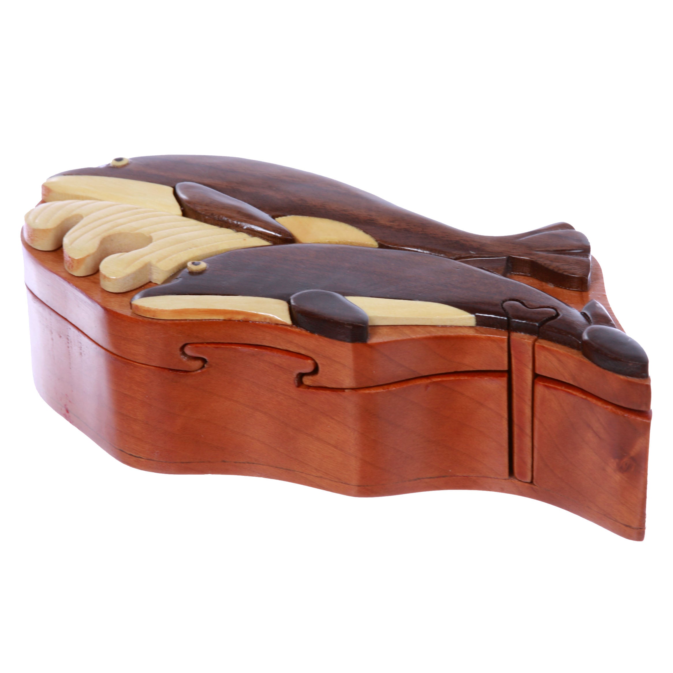 Handcrafted Wooden Two Dolphins Shape Secret Jewelry Puzzle Box - Dolphins - OnlineBelts