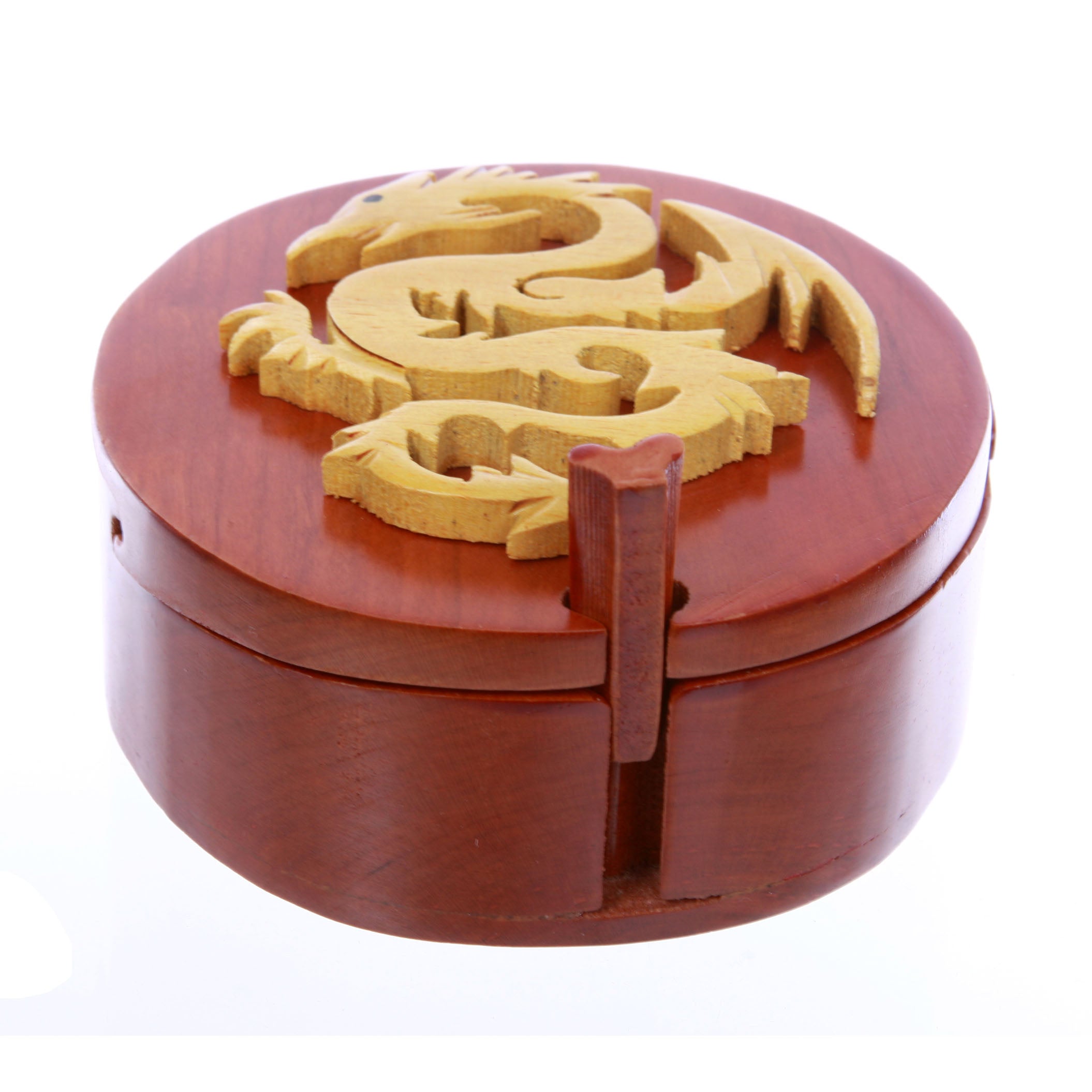 Handcrafted Wooden Round Dragon Shape Secret Jewelry Puzzle Box - Dragon