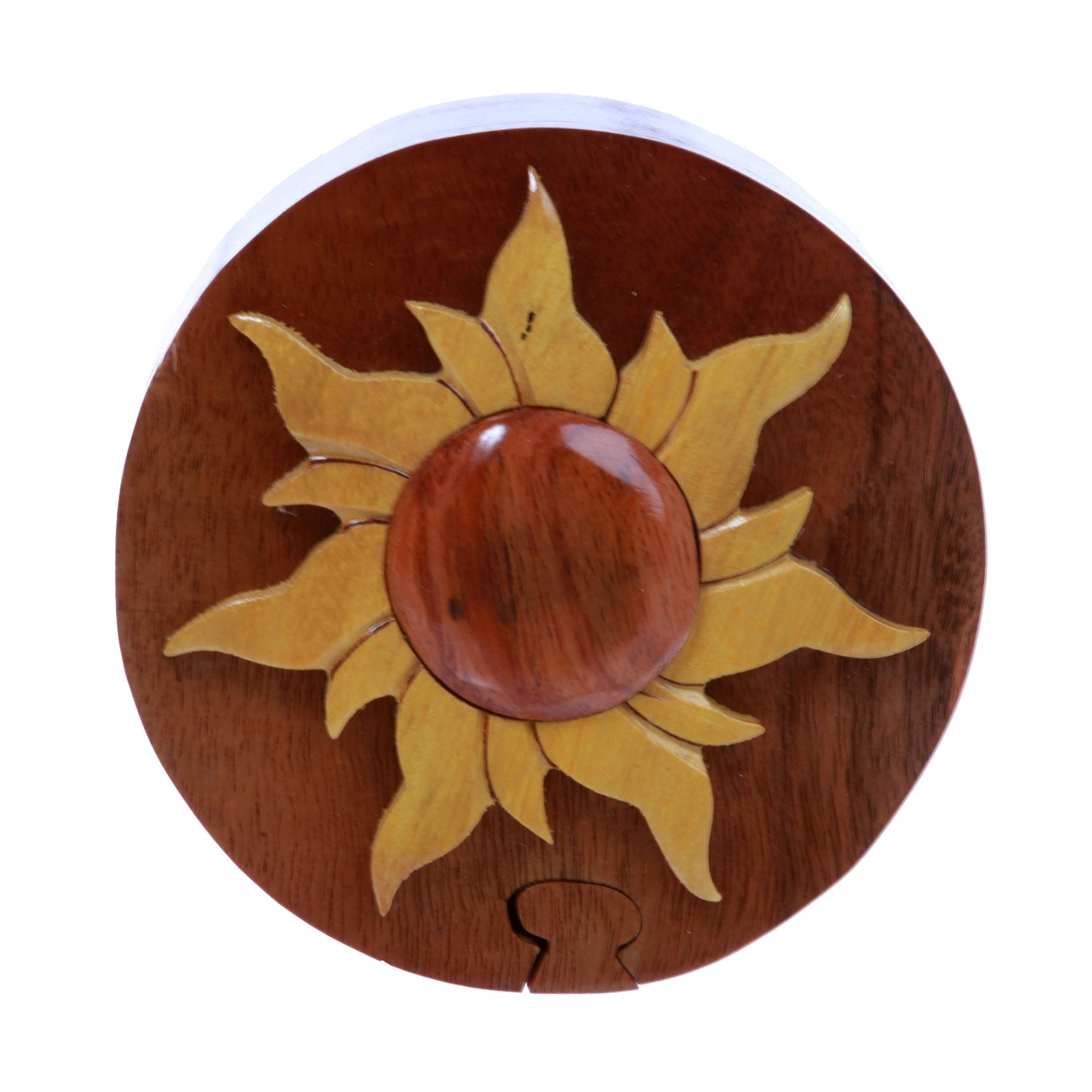 Handcrafted Wooden Round Shape Sun & Sunshine Secret Jewelry Puzzle Box - Sun - OnlineBelts