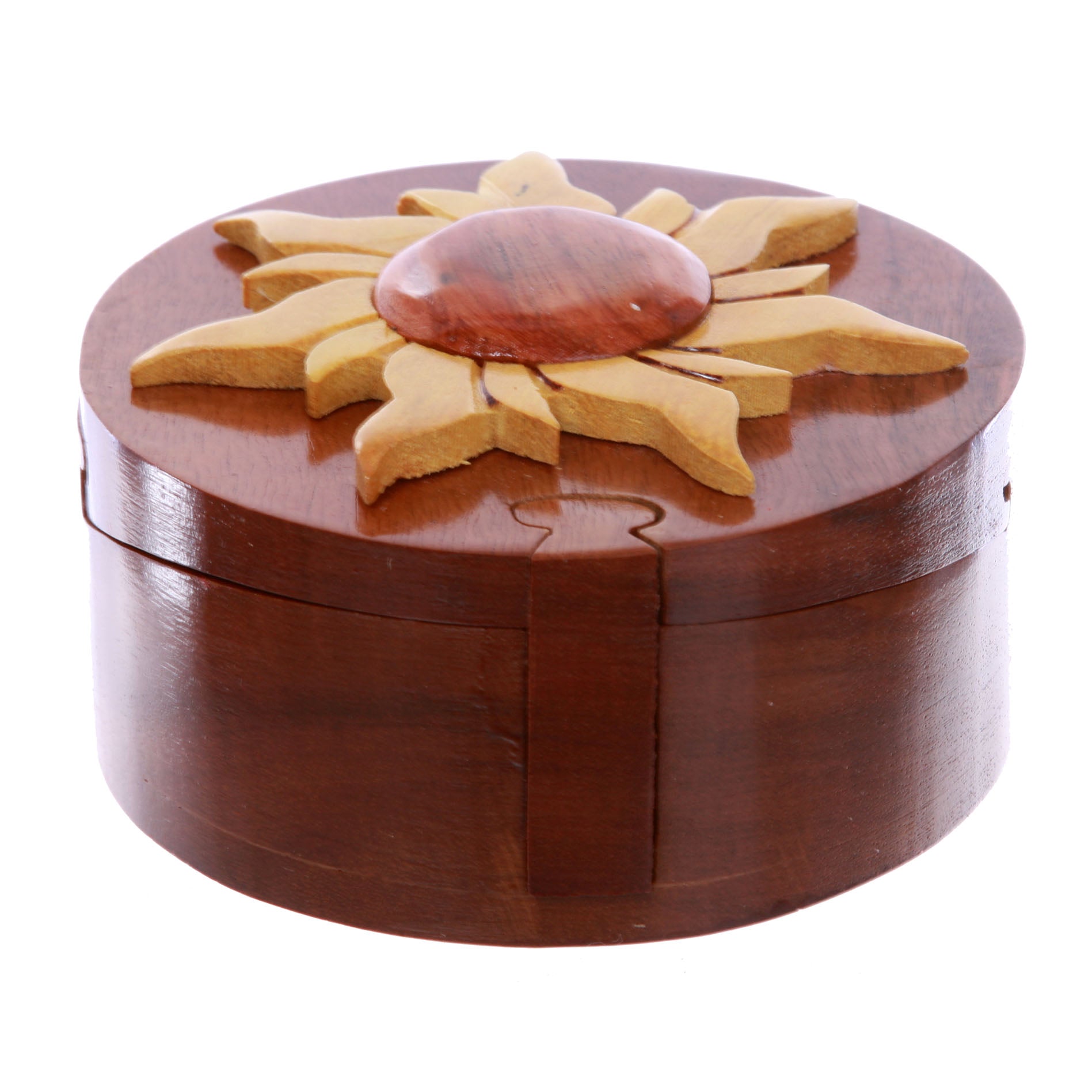 Handcrafted Wooden Round Shape Sun & Sunshine Secret Jewelry Puzzle Box - Sun - OnlineBelts