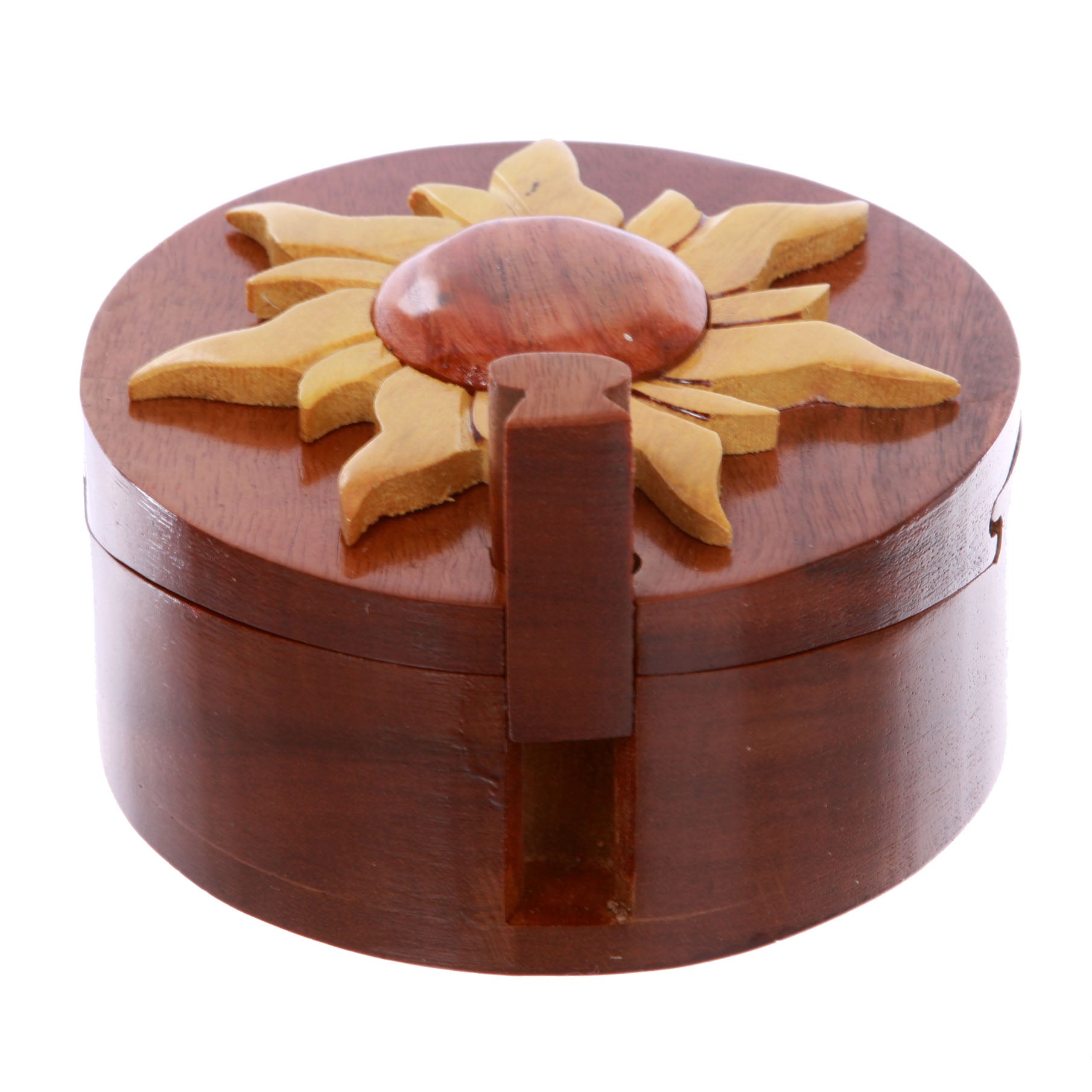 Handcrafted Wooden Round Shape Sun & Sunshine Secret Jewelry Puzzle Box - Sun - OnlineBelts