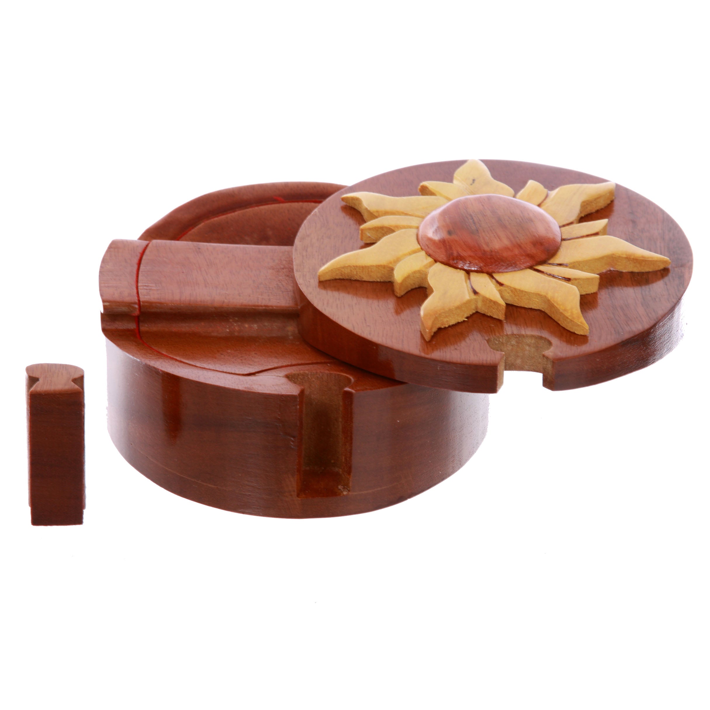 Handcrafted Wooden Round Shape Sun & Sunshine Secret Jewelry Puzzle Box - Sun - OnlineBelts