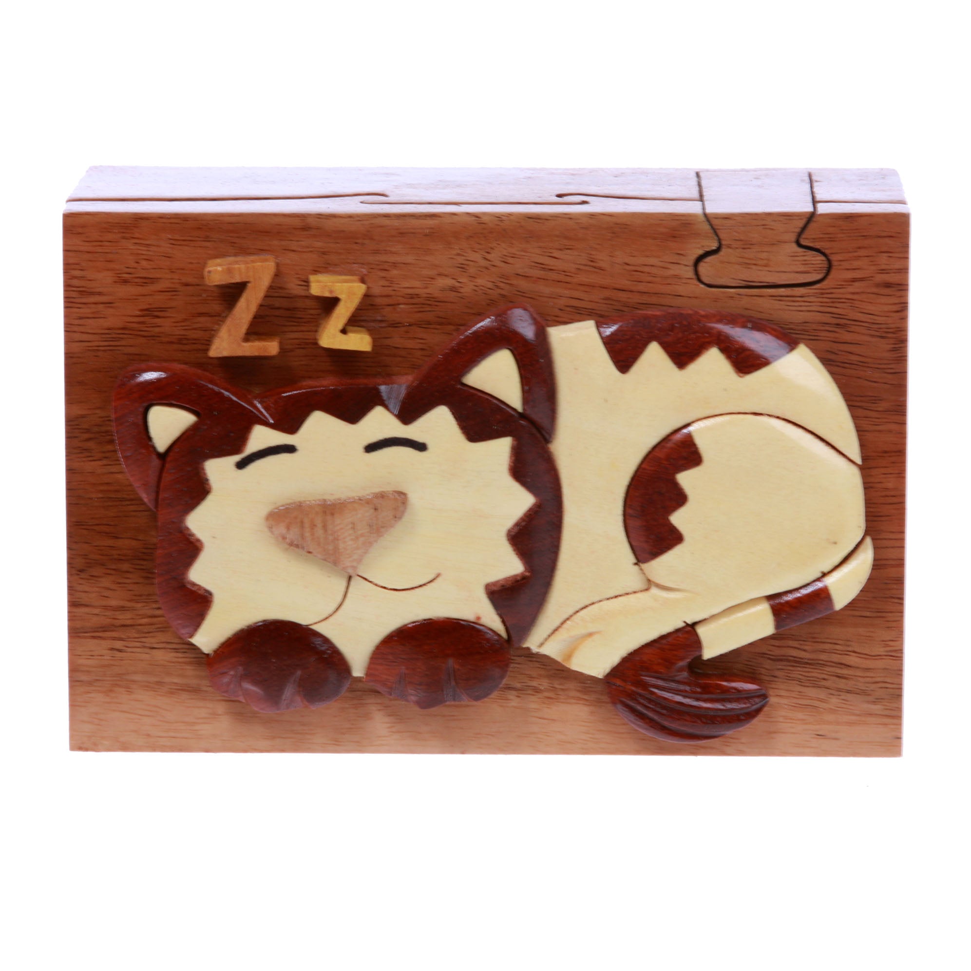 Handcrafted Wooden Rectangular Sleeping Kitty Secret Jewelry Puzzle Box - Sleeping Cat - OnlineBelts