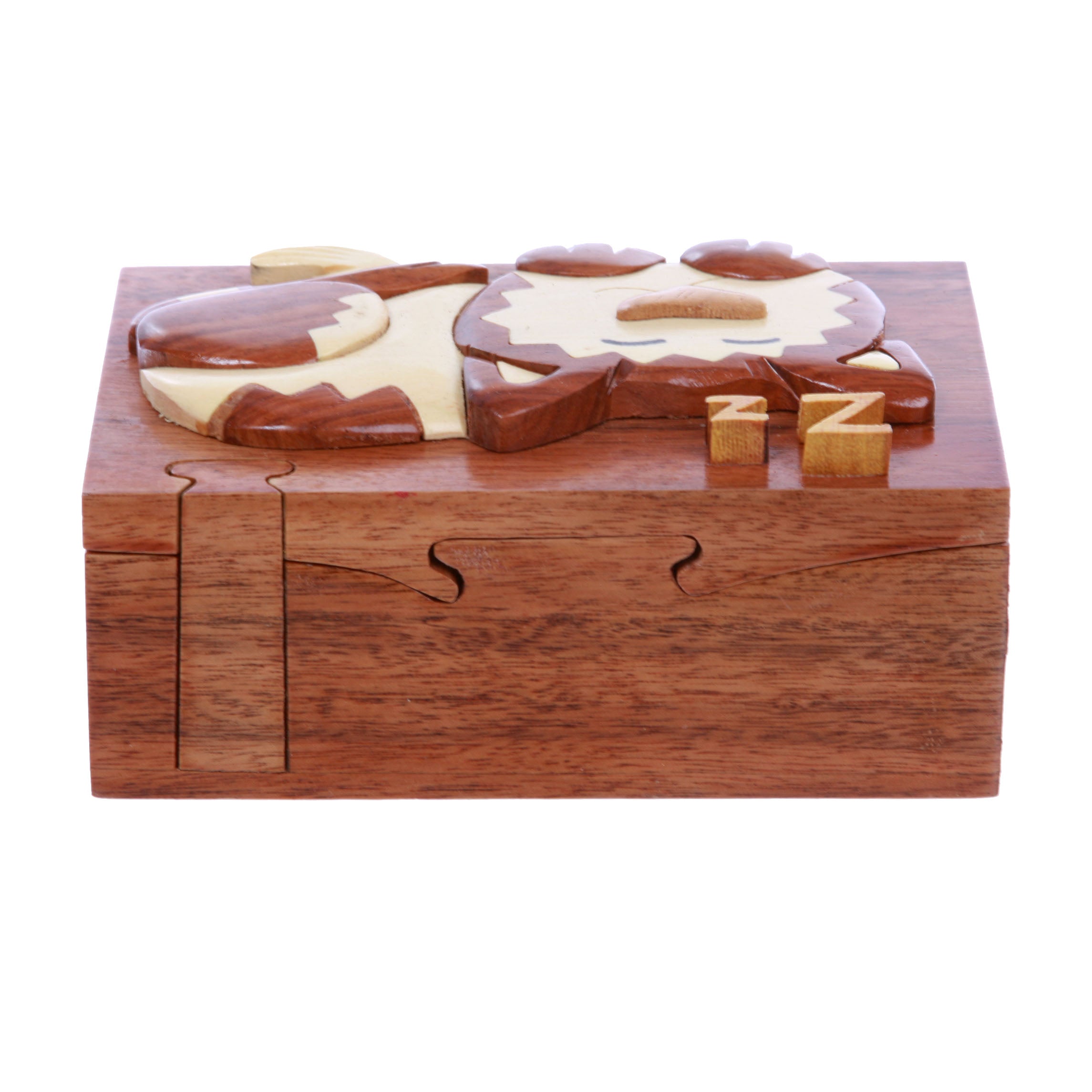 Handcrafted Wooden Rectangular Sleeping Kitty Secret Jewelry Puzzle Box - Sleeping Cat - OnlineBelts