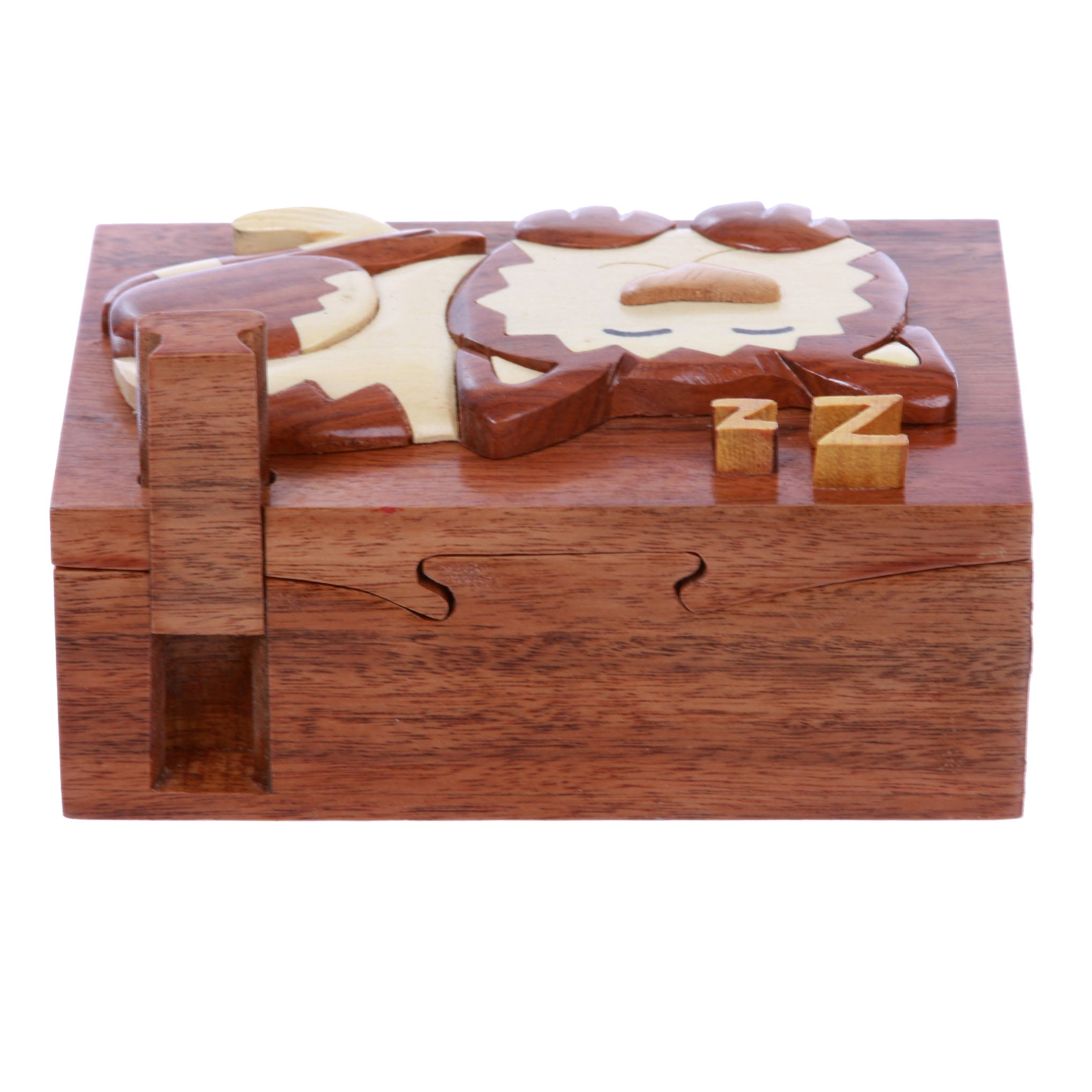 Handcrafted Wooden Rectangular Sleeping Kitty Secret Jewelry Puzzle Box - Sleeping Cat - OnlineBelts