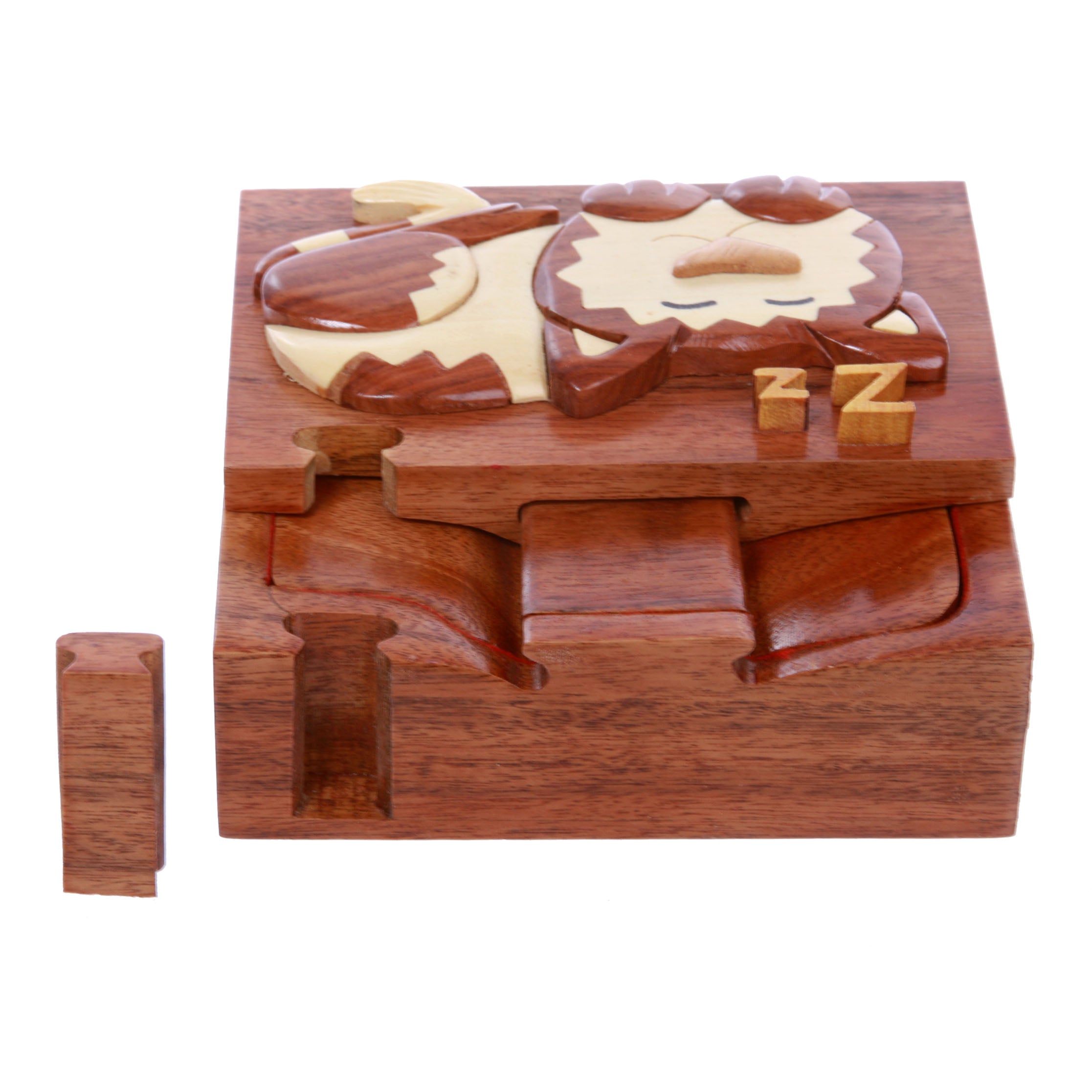 Handcrafted Wooden Rectangular Sleeping Kitty Secret Jewelry Puzzle Box - Sleeping Cat - OnlineBelts