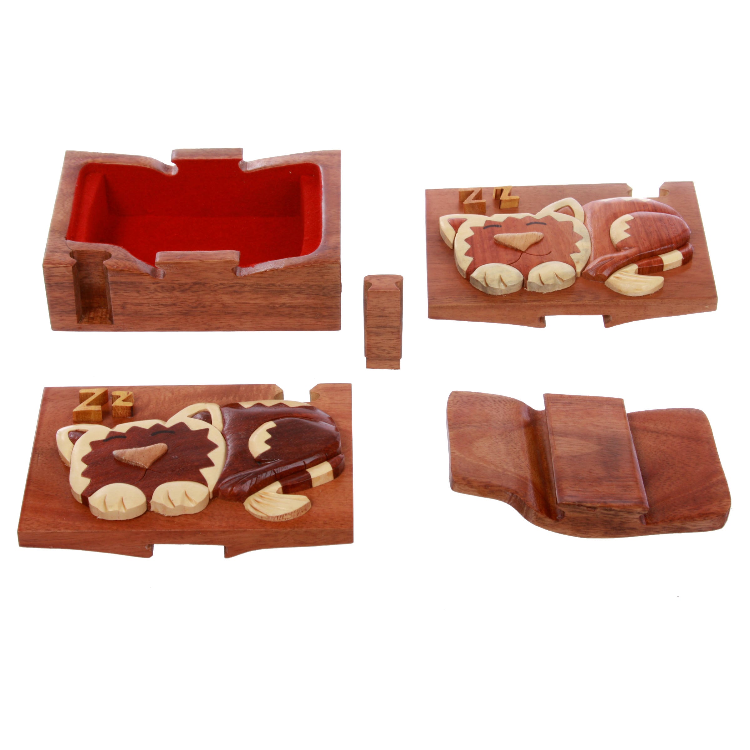 Handcrafted Wooden Rectangular Sleeping Kitty Secret Jewelry Puzzle Box - Sleeping Cat - OnlineBelts