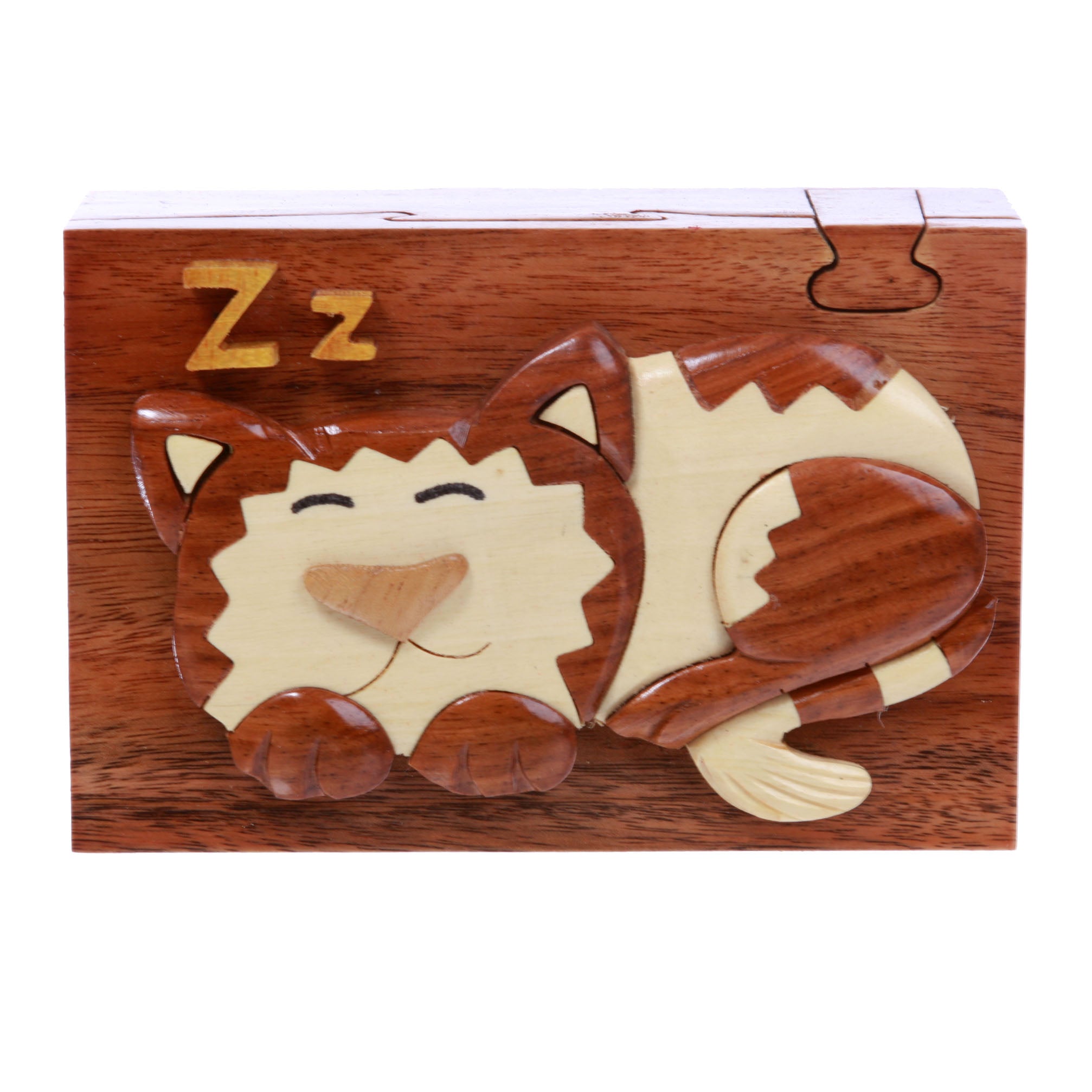 Handcrafted Wooden Rectangular Sleeping Kitty Secret Jewelry Puzzle Box - Sleeping Cat - OnlineBelts