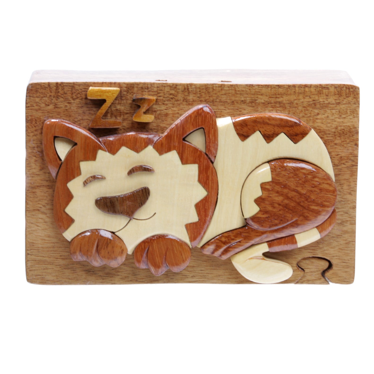 Handcrafted Wooden Rectangular Sleeping Kitty Secret Jewelry Puzzle Box - Sleeping Cat - OnlineBelts