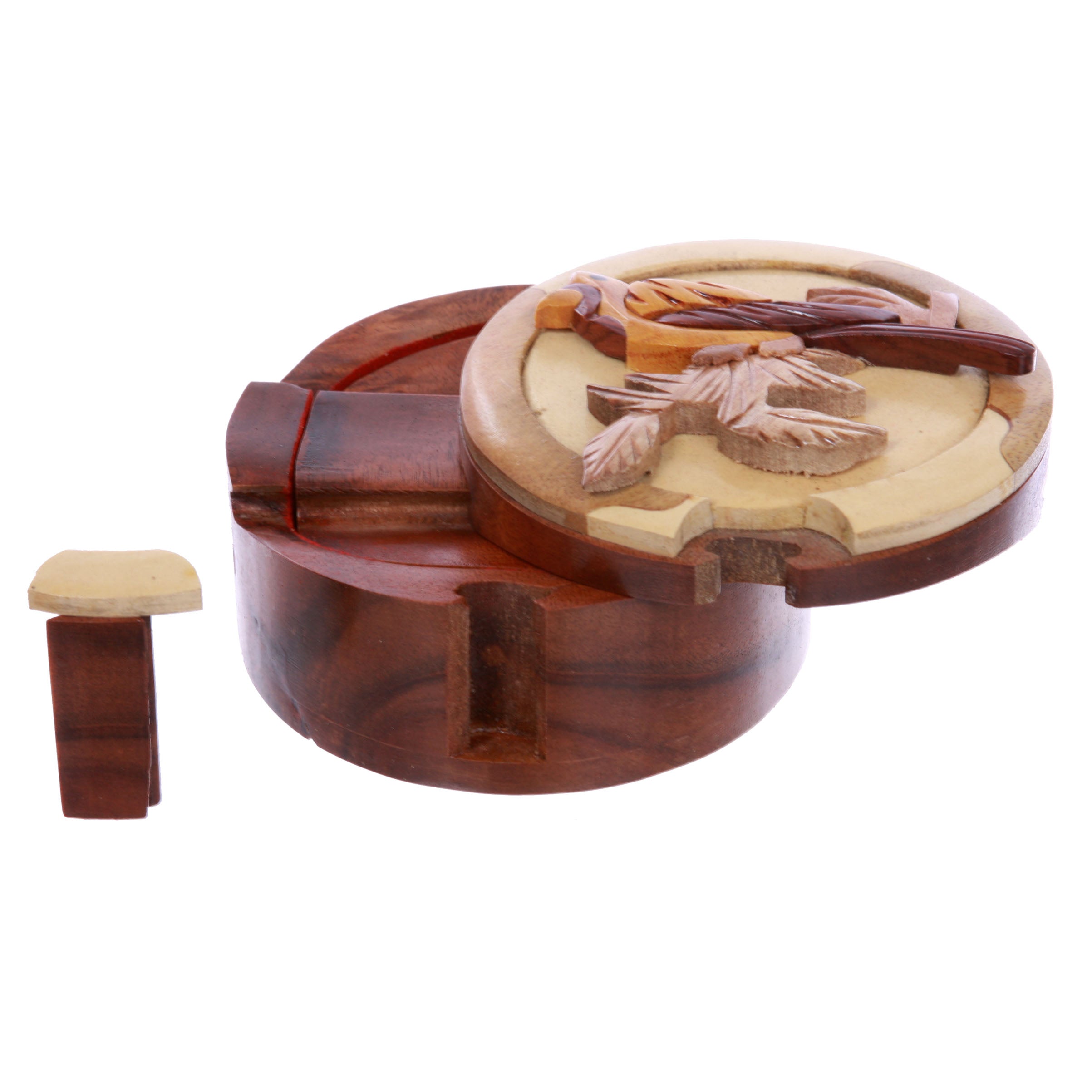 Lovely Bird Handcrafted Wooden Round Shape Secret Jewelry Puzzle Box - Bird - OnlineBelts