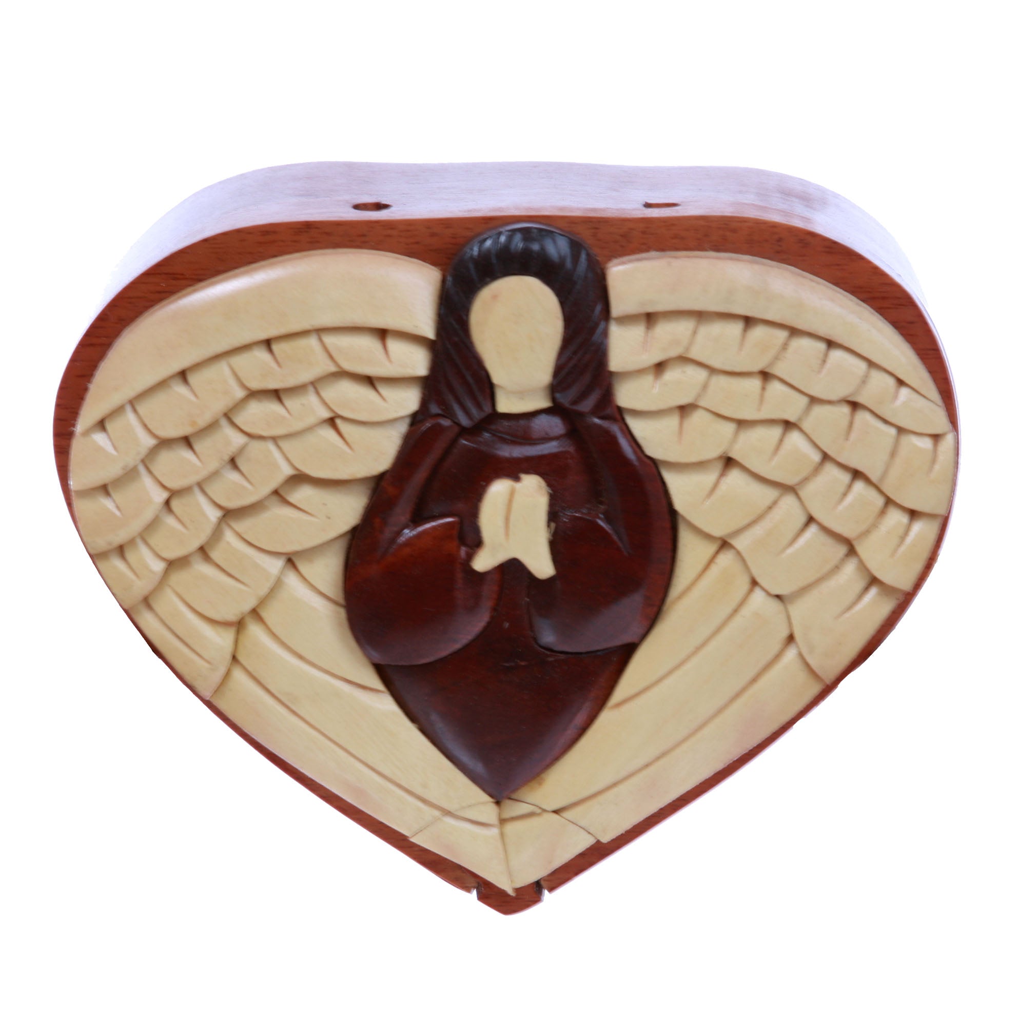 Virgin Mary With Wings Handcrafted Wooden Heart Shape Secret Jewelry Puzzle Box - OnlineBelts