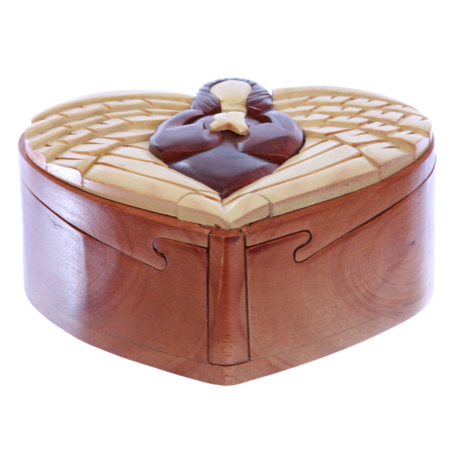 Virgin Mary With Wings Handcrafted Wooden Heart Shape Secret Jewelry Puzzle Box - OnlineBelts