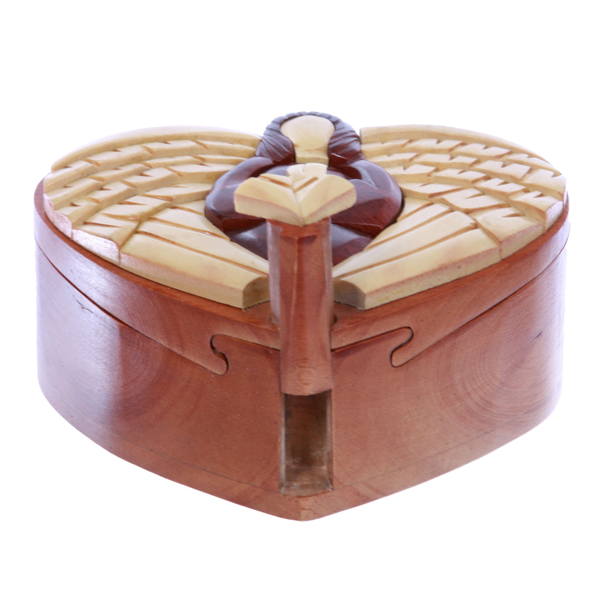 Virgin Mary With Wings Handcrafted Wooden Heart Shape Secret Jewelry Puzzle Box - OnlineBelts