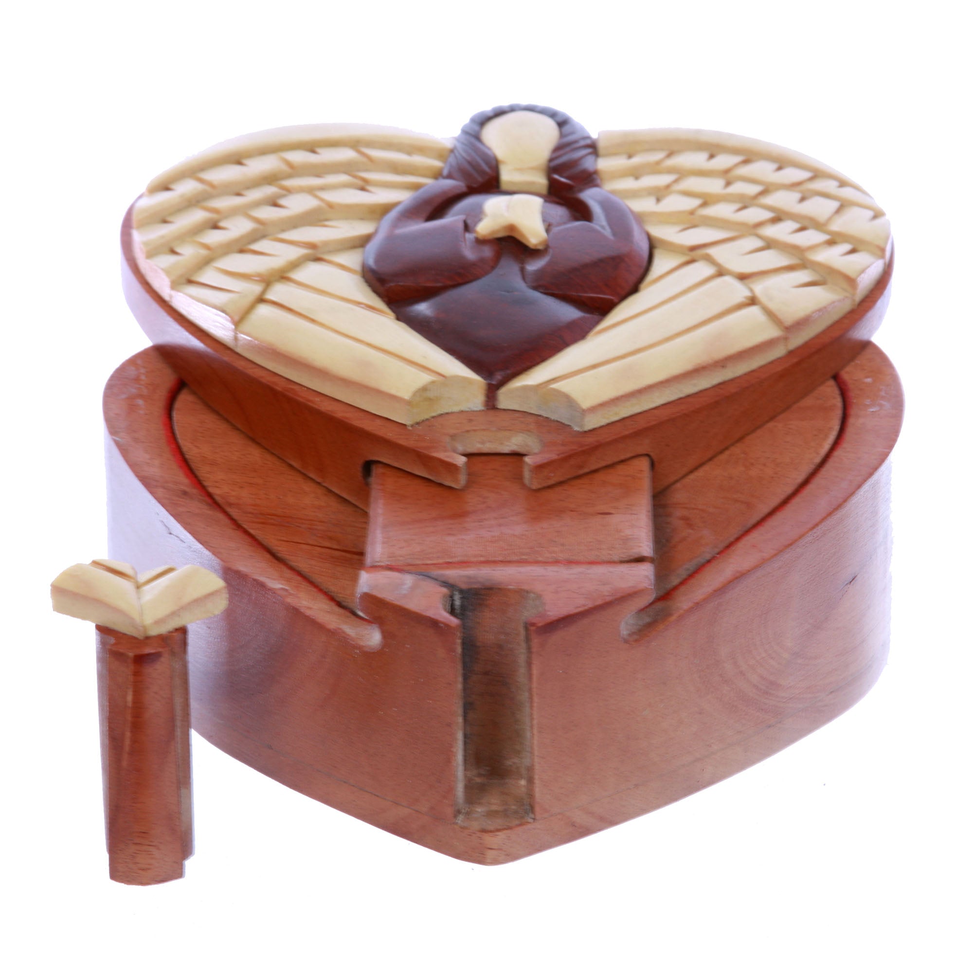 Virgin Mary With Wings Handcrafted Wooden Heart Shape Secret Jewelry Puzzle Box - OnlineBelts