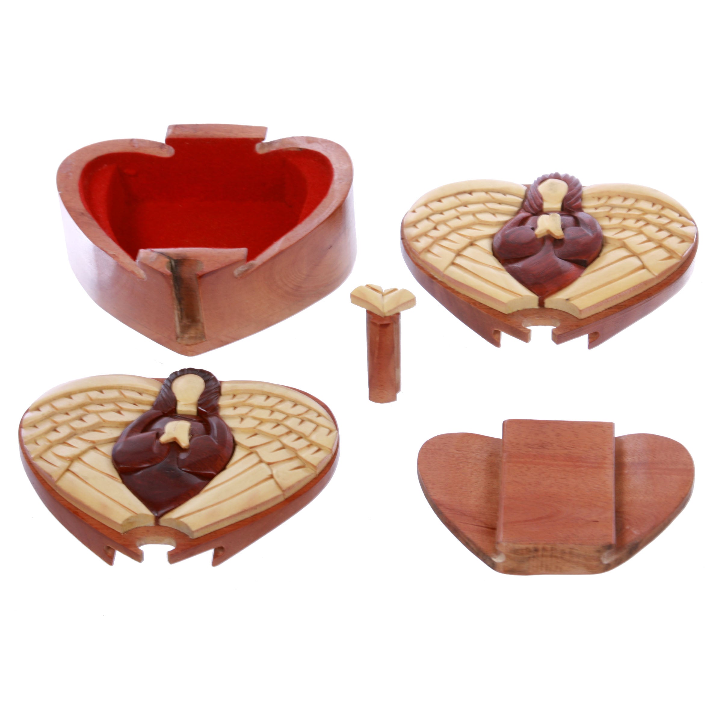 Virgin Mary With Wings Handcrafted Wooden Heart Shape Secret Jewelry Puzzle Box - OnlineBelts
