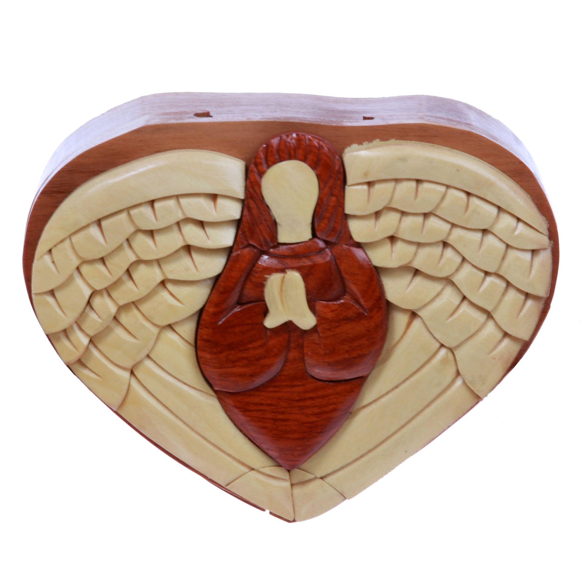 Virgin Mary With Wings Handcrafted Wooden Heart Shape Secret Jewelry Puzzle Box - OnlineBelts