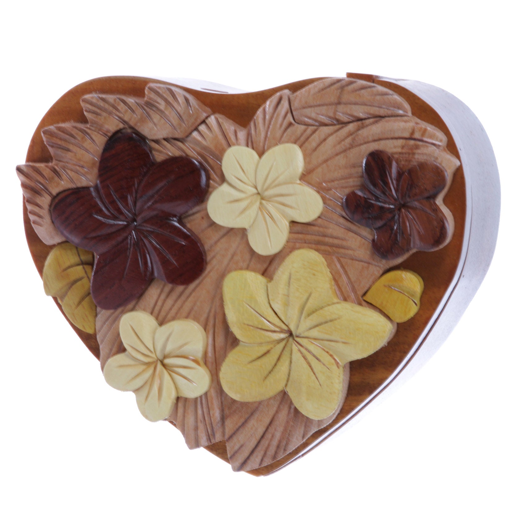 Handcrafted Wooden Flowers Heart Shape Oval Secret Jewelry Puzzle Box - Flowers & Heart - OnlineBelts