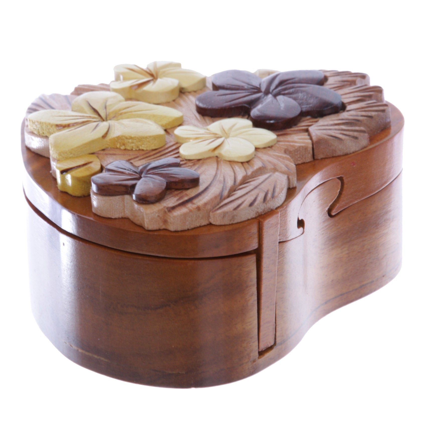 Handcrafted Wooden Flowers Heart Shape Oval Secret Jewelry Puzzle Box - Flowers & Heart - OnlineBelts