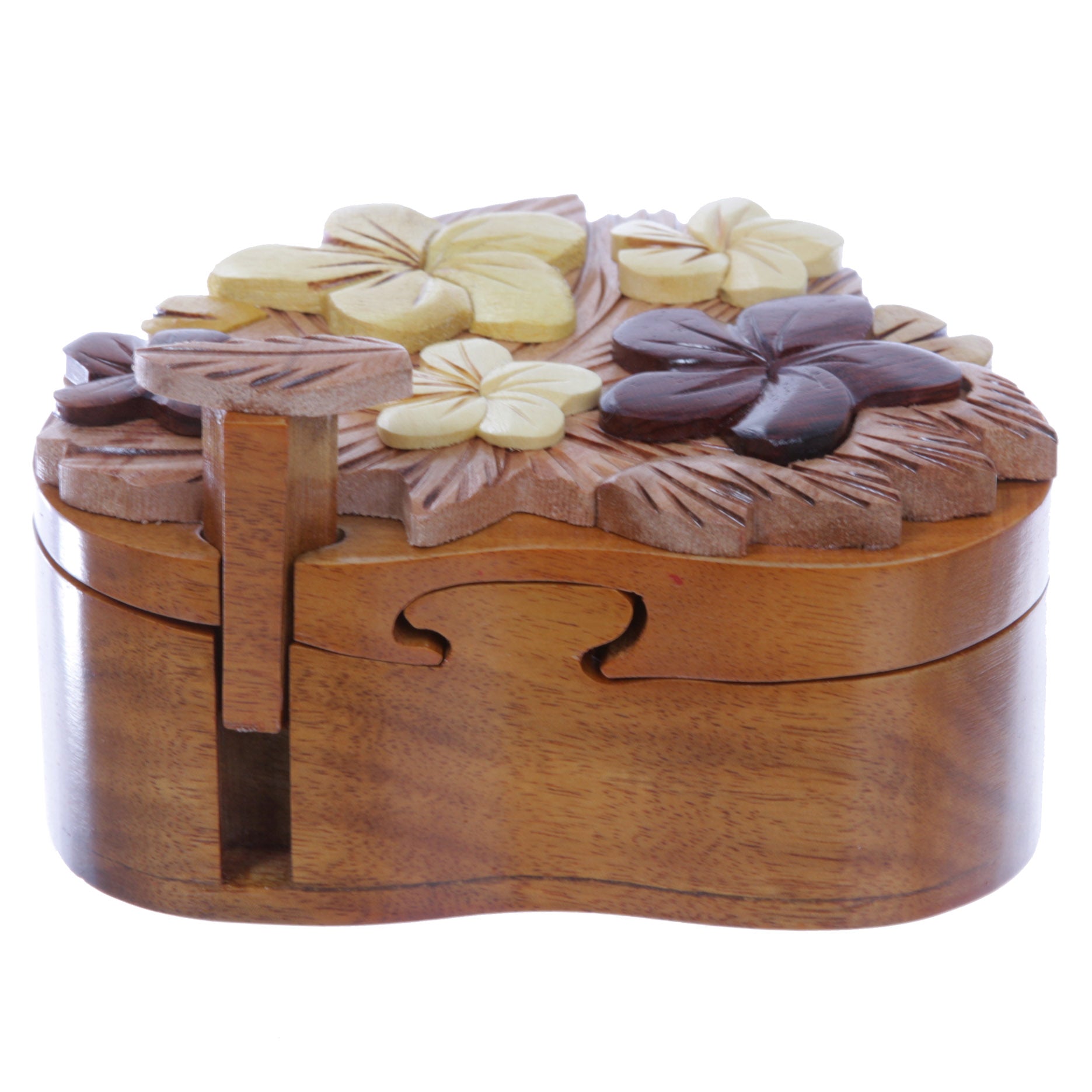 Handcrafted Wooden Flowers Heart Shape Oval Secret Jewelry Puzzle Box - Flowers & Heart - OnlineBelts