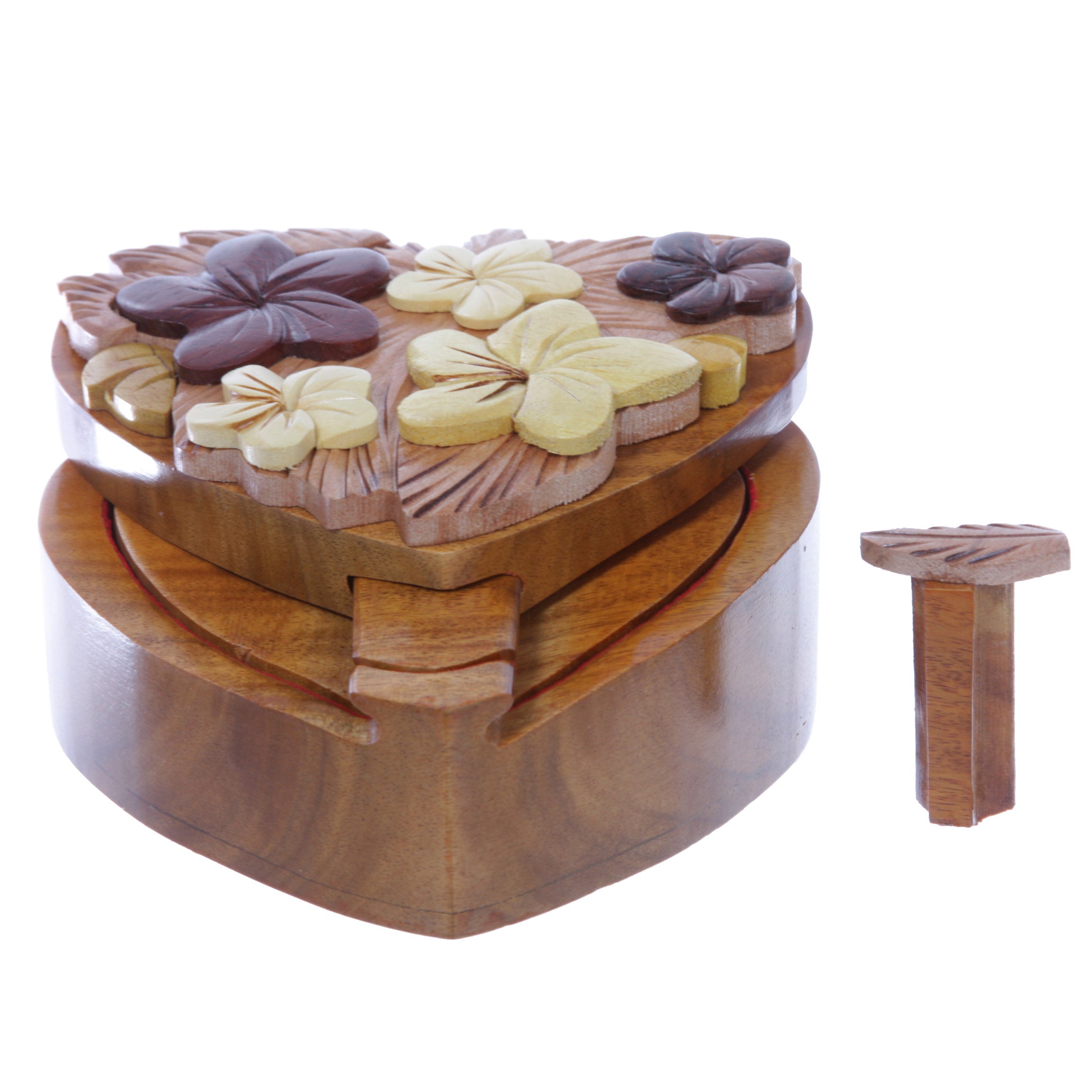 Handcrafted Wooden Flowers Heart Shape Oval Secret Jewelry Puzzle Box - Flowers & Heart - OnlineBelts