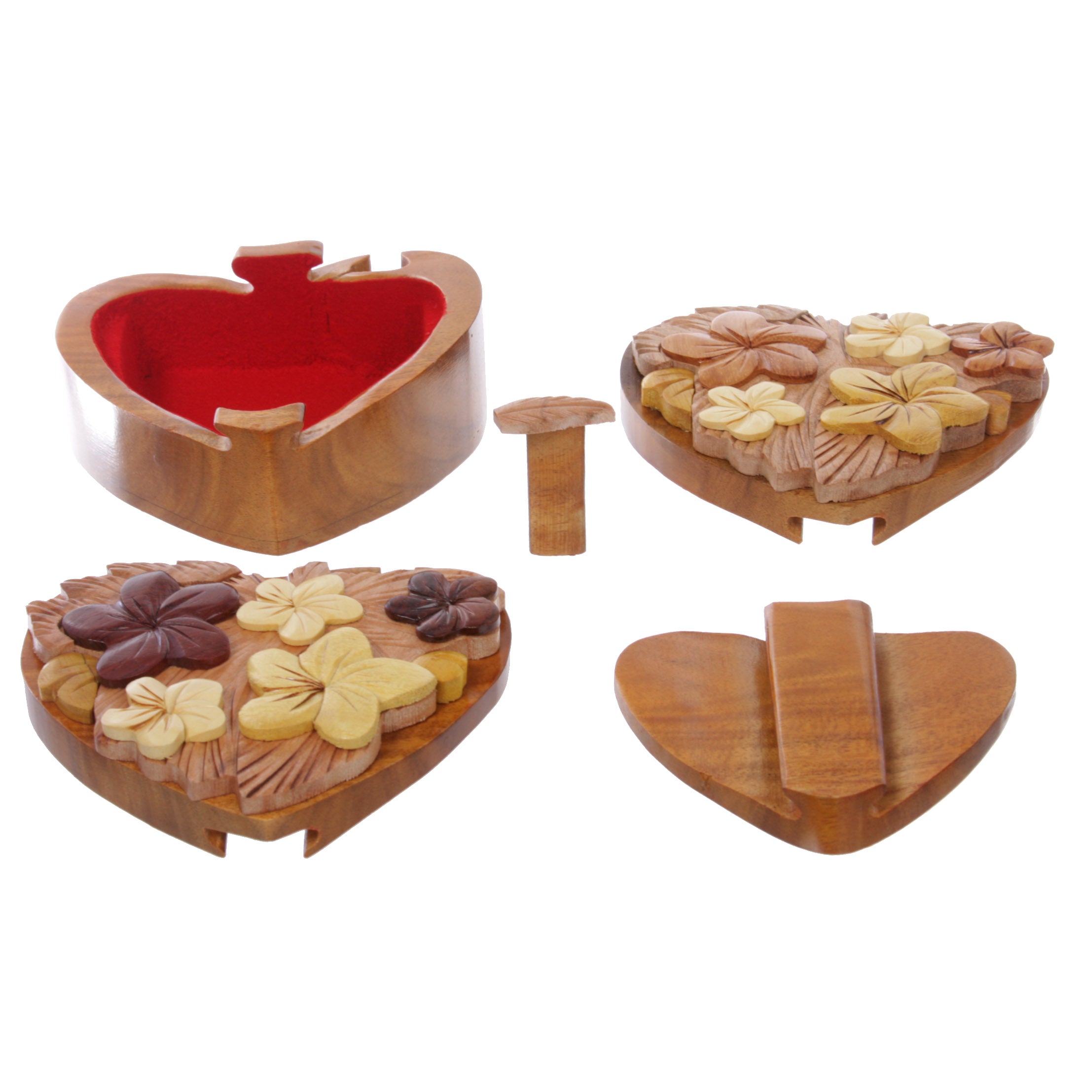 Handcrafted Wooden Flowers Heart Shape Oval Secret Jewelry Puzzle Box - Flowers & Heart - OnlineBelts
