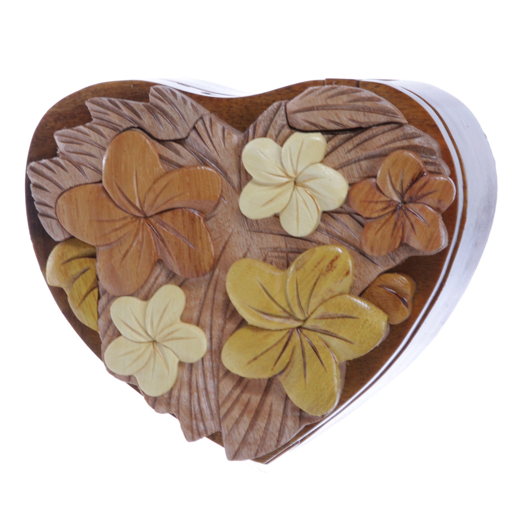 Handcrafted Wooden Flowers Heart Shape Oval Secret Jewelry Puzzle Box - Flowers & Heart - OnlineBelts