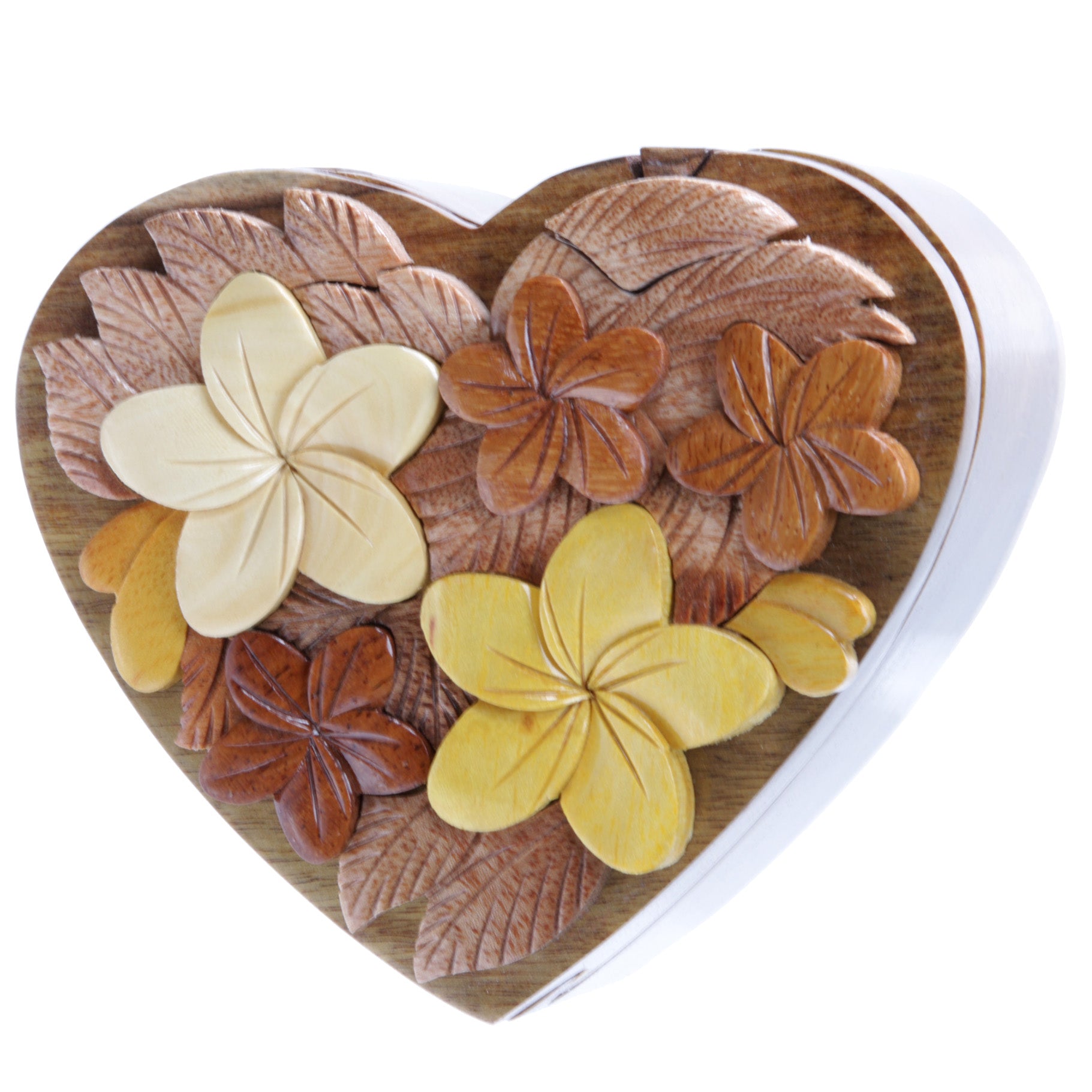 Handcrafted Wooden Flowers Heart Shape Oval Secret Jewelry Puzzle Box - Flowers & Heart - OnlineBelts