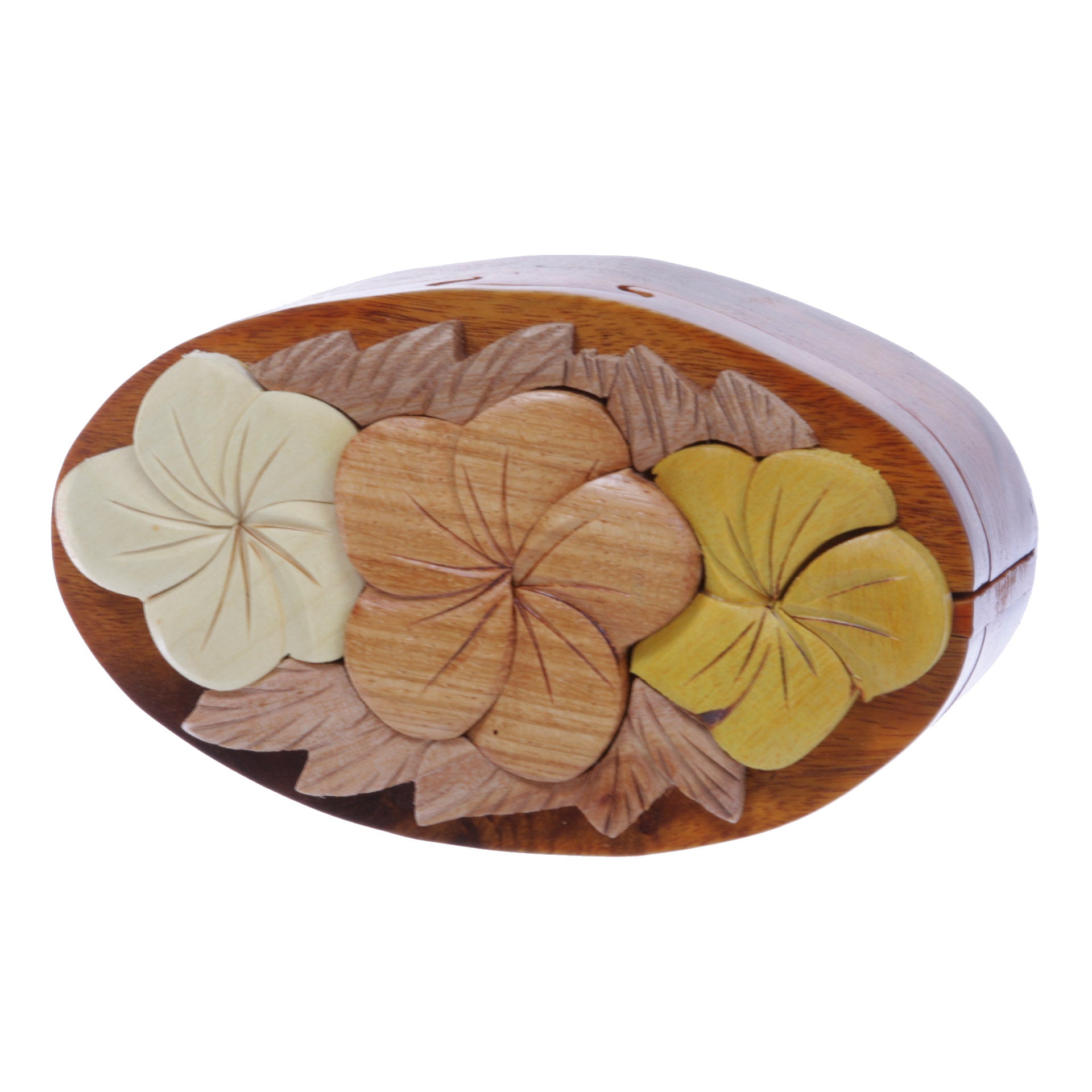 Handcrafted Wooden Flowers Shape Oval Secret Jewelry Puzzle Box - Flowers - OnlineBelts