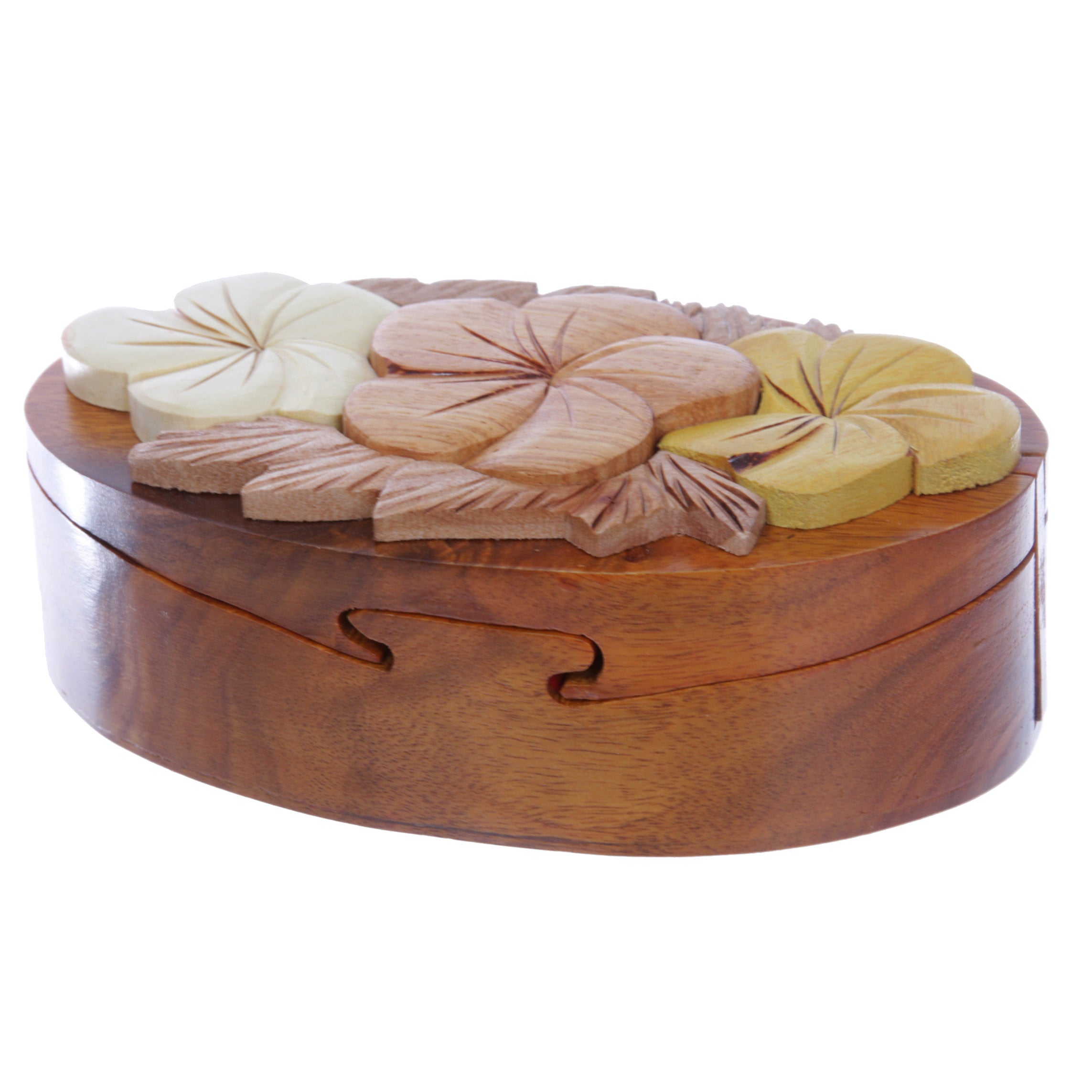 Handcrafted Wooden Flowers Shape Oval Secret Jewelry Puzzle Box - Flowers - OnlineBelts