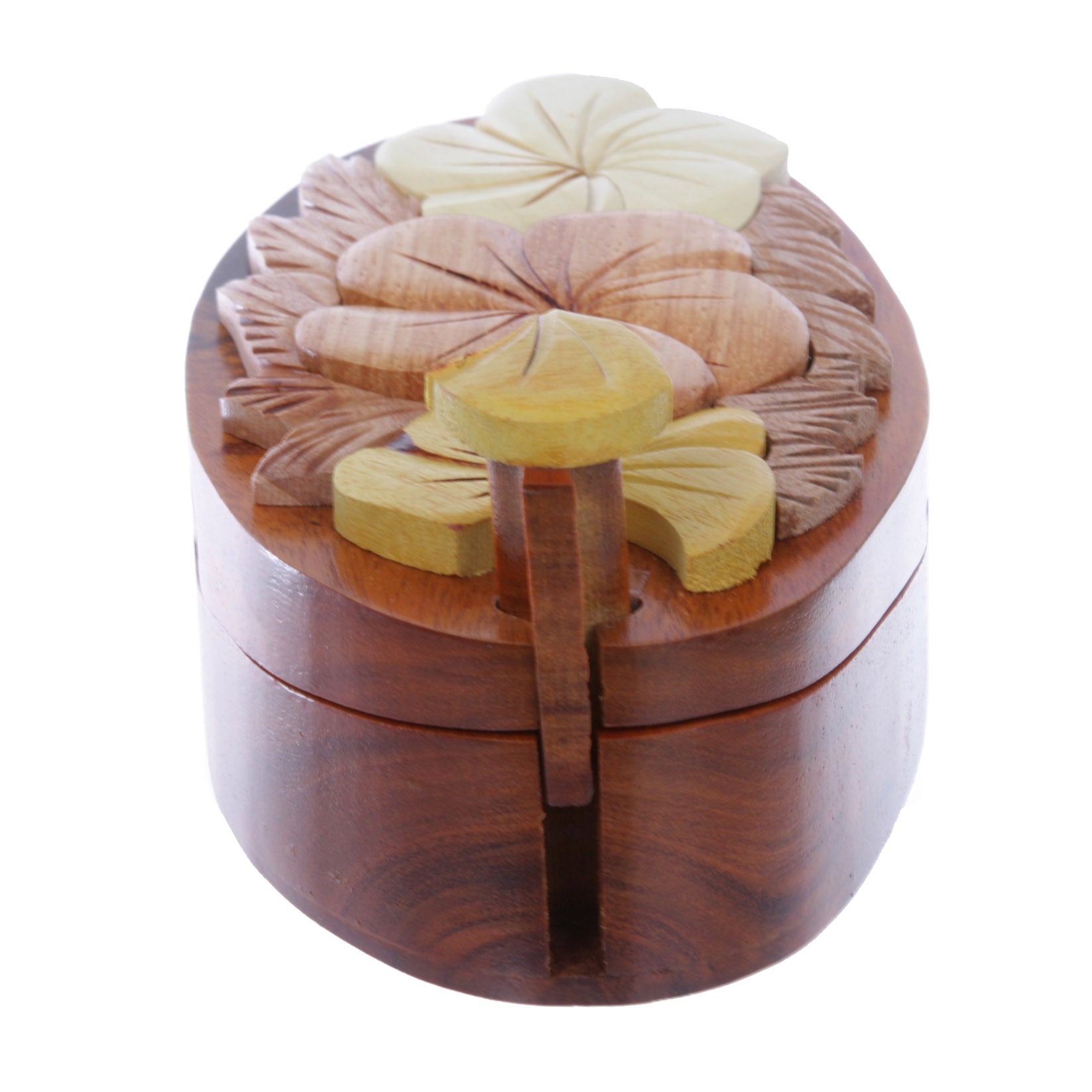 Handcrafted Wooden Flowers Shape Oval Secret Jewelry Puzzle Box - Flowers