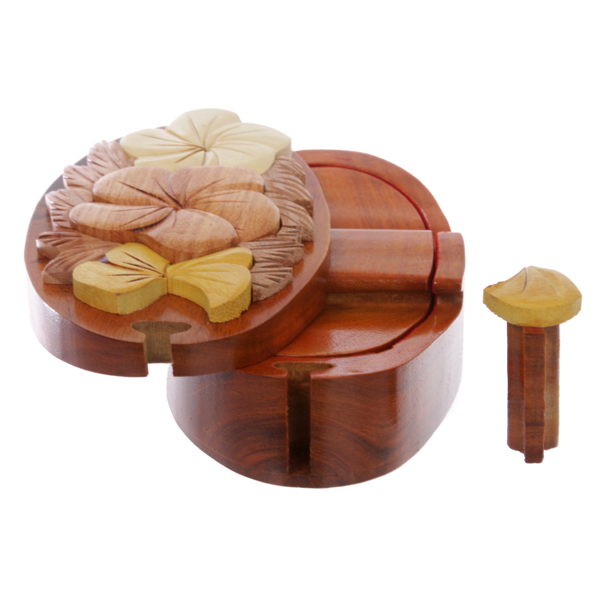 Handcrafted Wooden Flowers Shape Oval Secret Jewelry Puzzle Box - Flowers - OnlineBelts