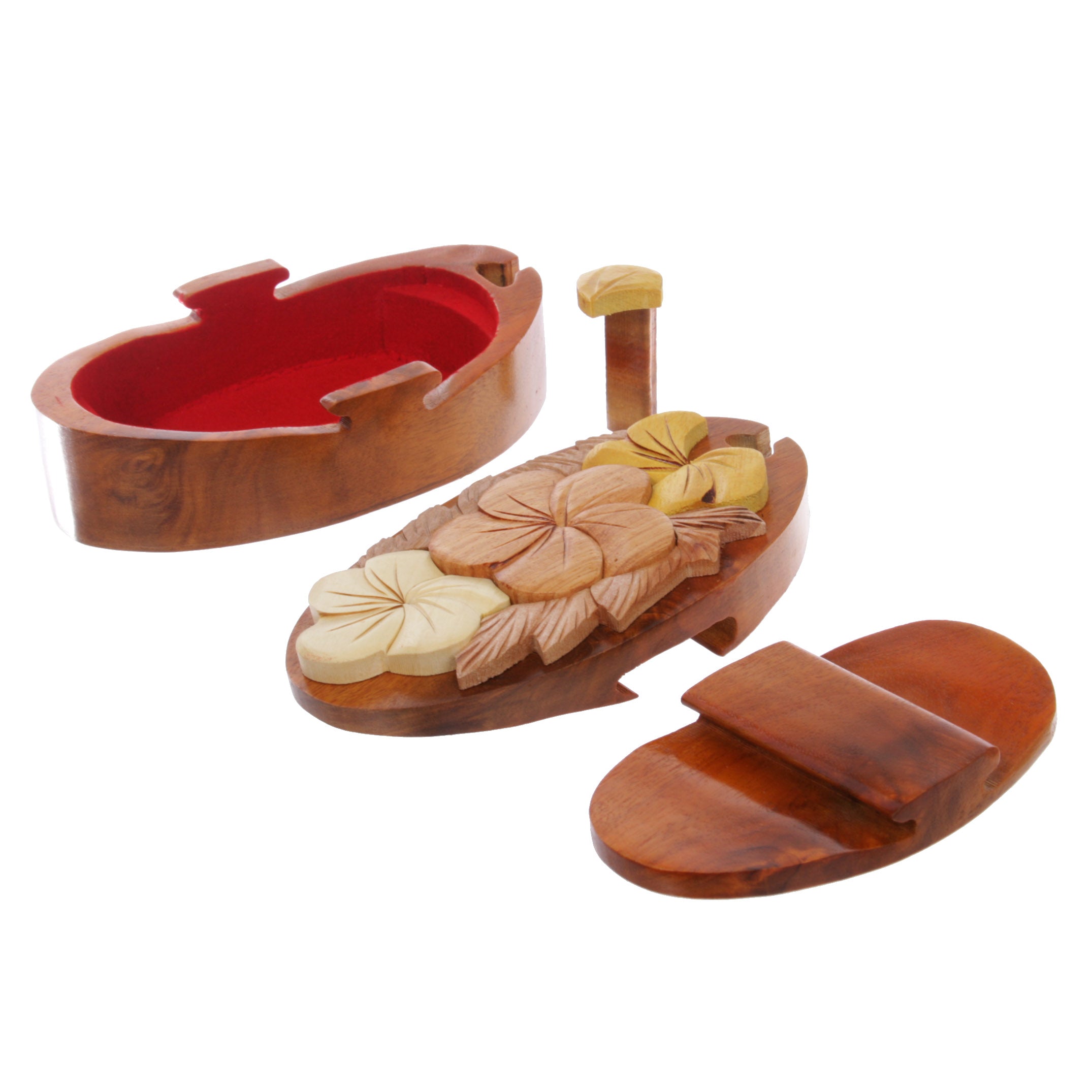 Handcrafted Wooden Flowers Shape Oval Secret Jewelry Puzzle Box - Flowers - OnlineBelts