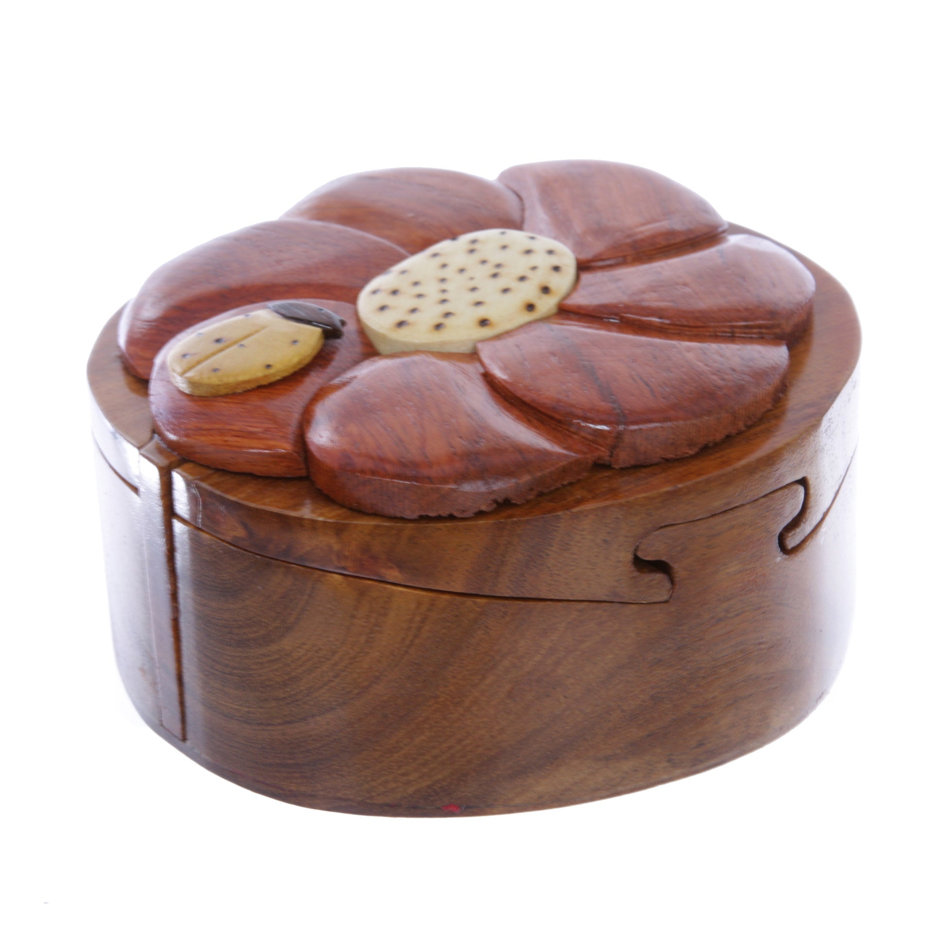 Handcrafted Wooden Beatle & Flower Round Shape Secret Jewelry Puzzle Box - Beatle & Flower - OnlineBelts