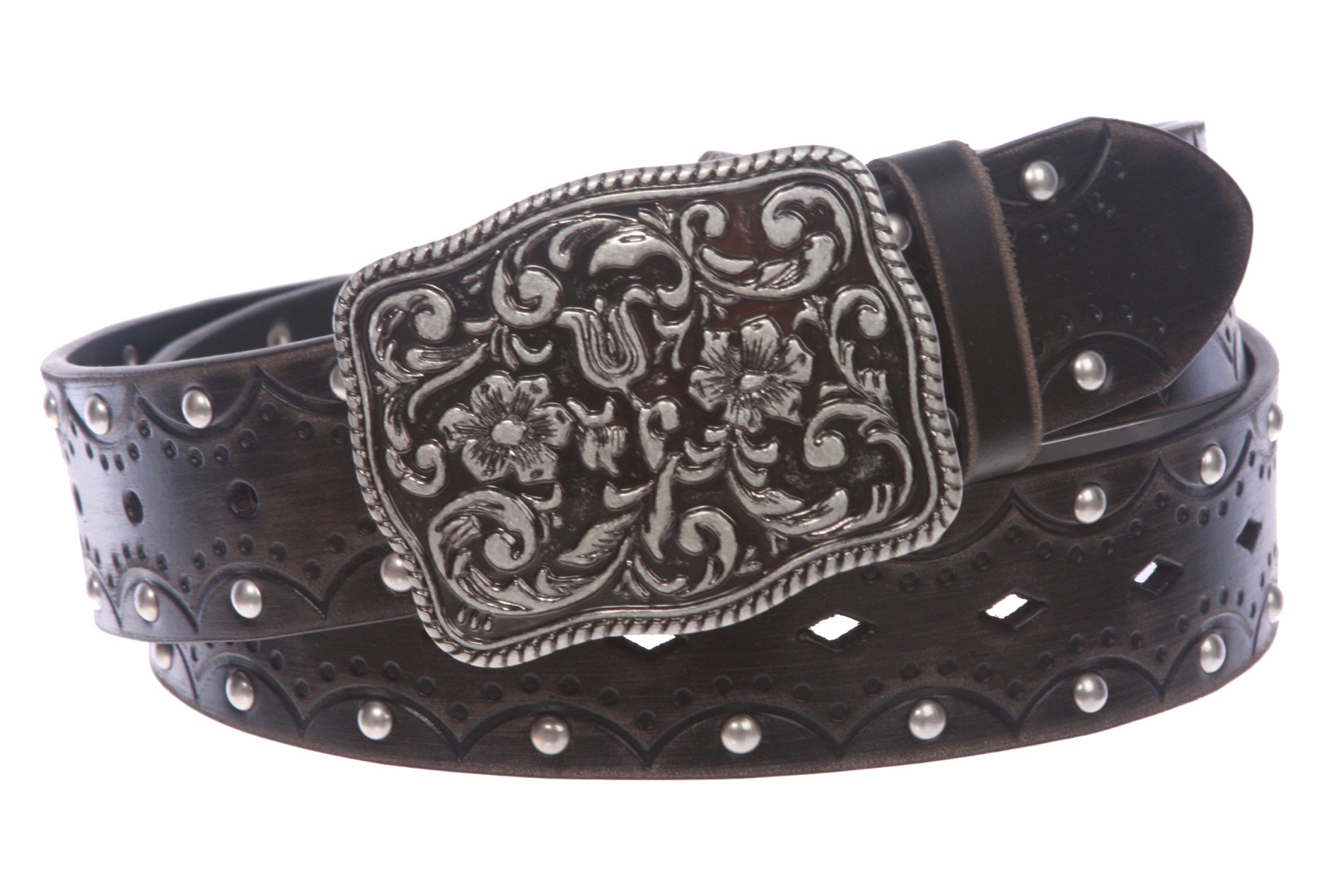 Women's Studded Western Floral Perforated Embossed Leather Belt - OnlineBelts