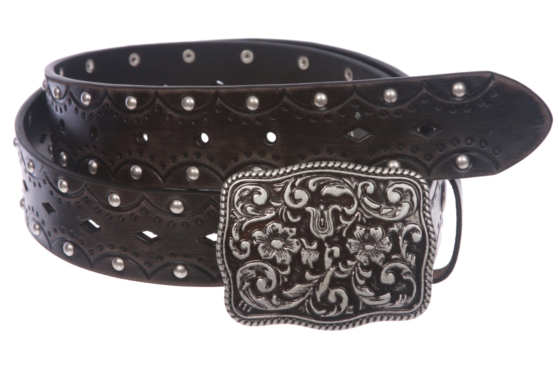 Women's Studded Western Floral Perforated Embossed Leather Belt - OnlineBelts