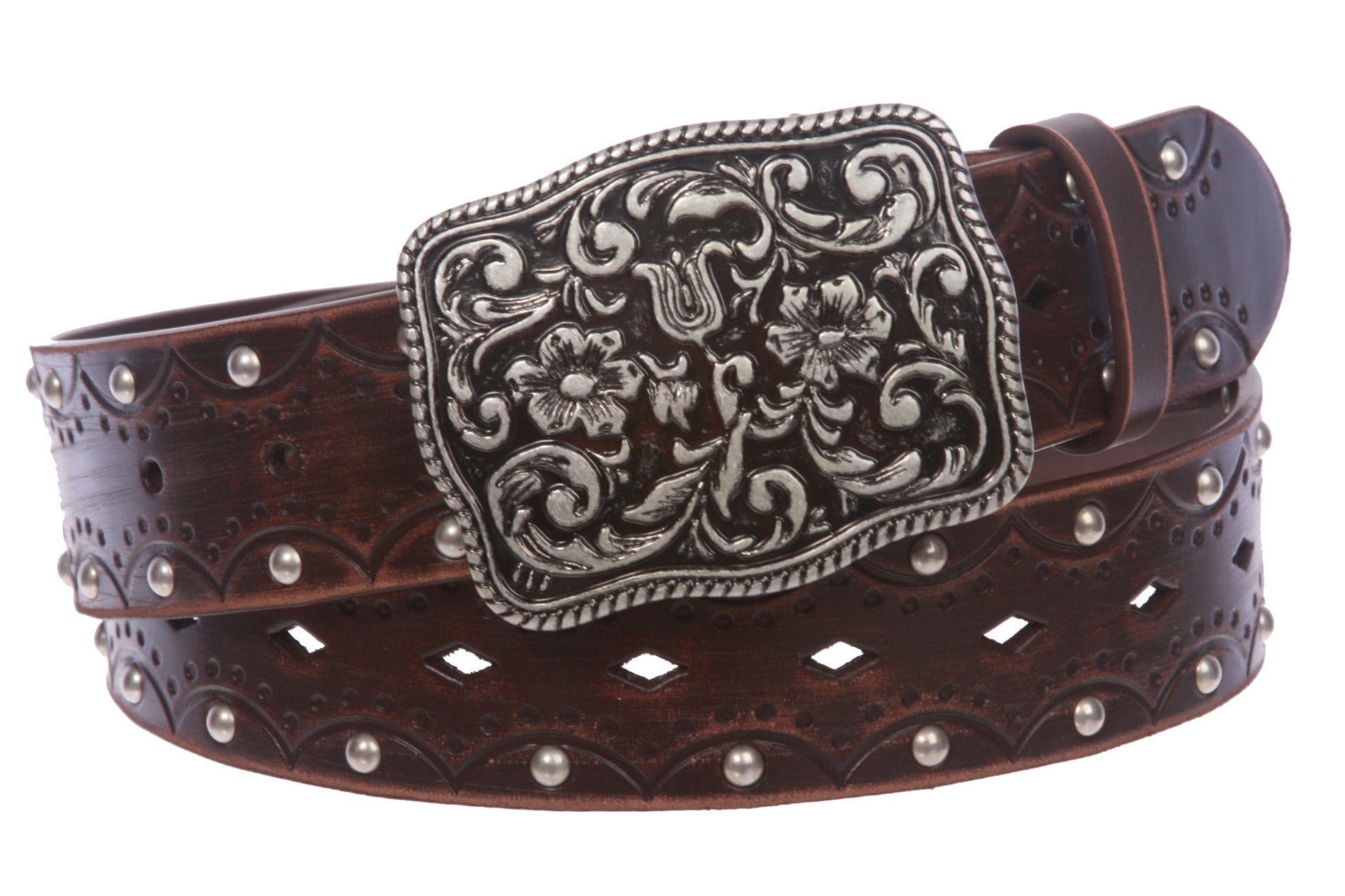 Women's Studded Western Floral Perforated Embossed Leather Belt - OnlineBelts