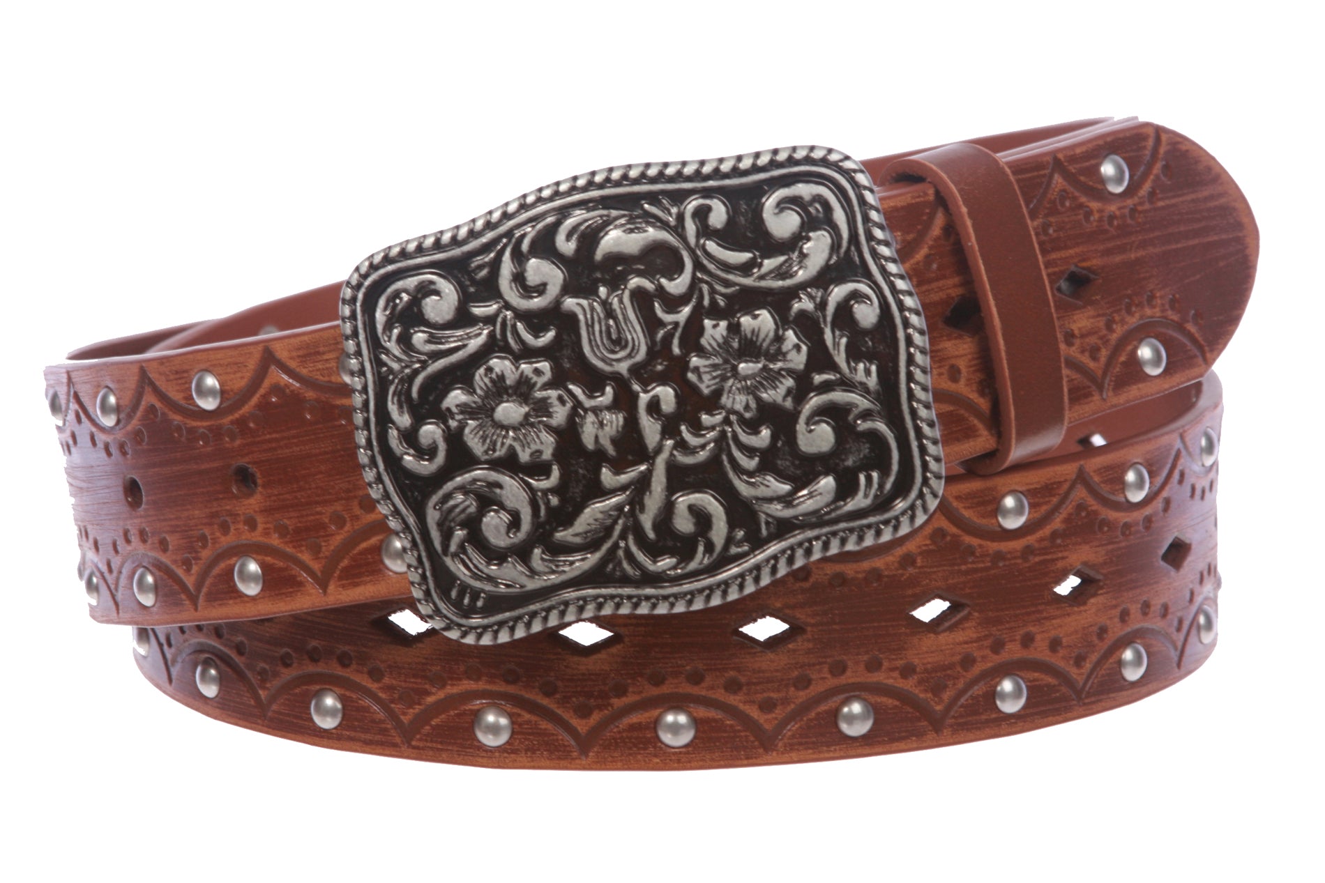Women's Studded Western Floral Perforated Embossed Leather Belt - OnlineBelts
