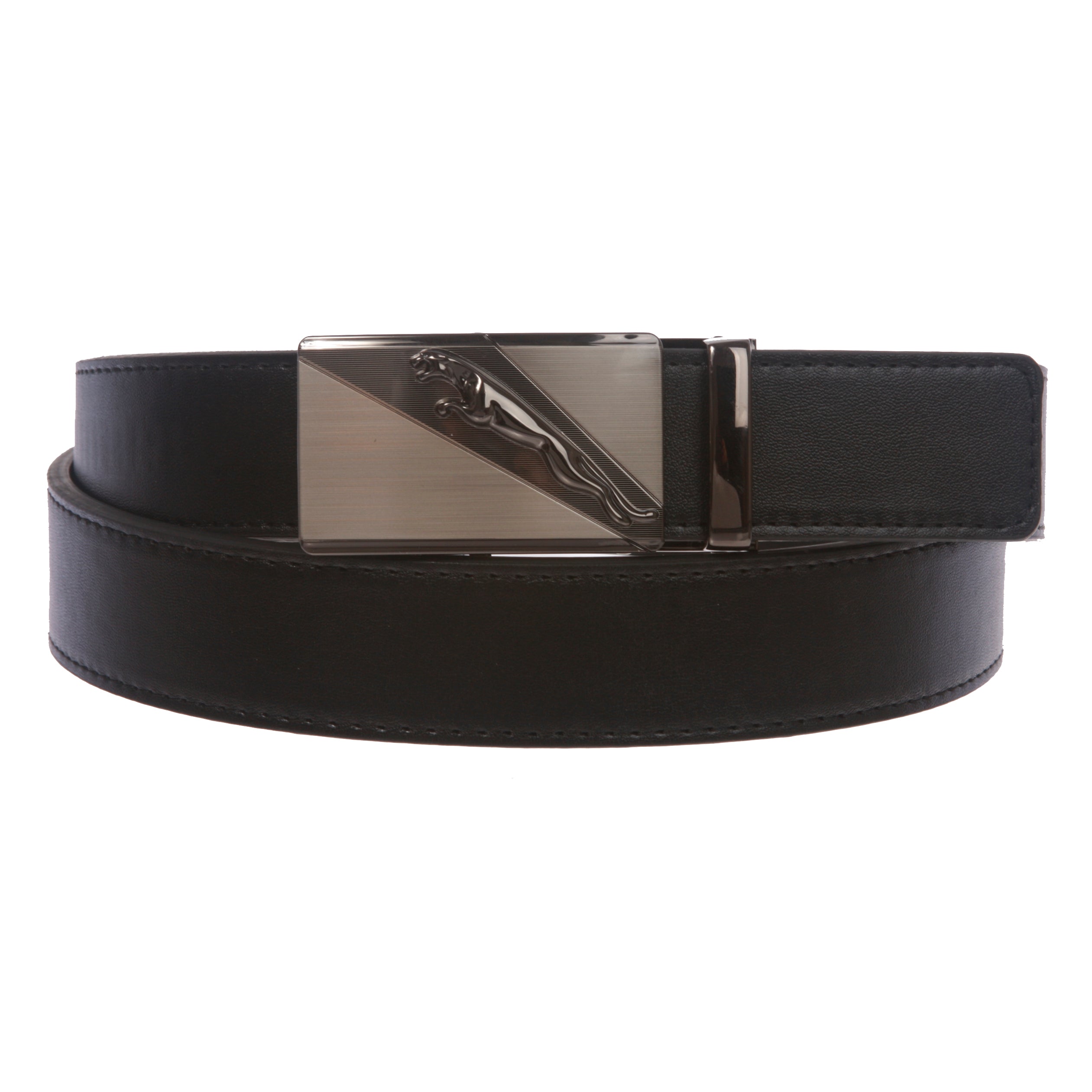 Men's Plain Leather Slide Ratchet Dress Belt with Jaguar Design Automatic Buckle - OnlineBelts
