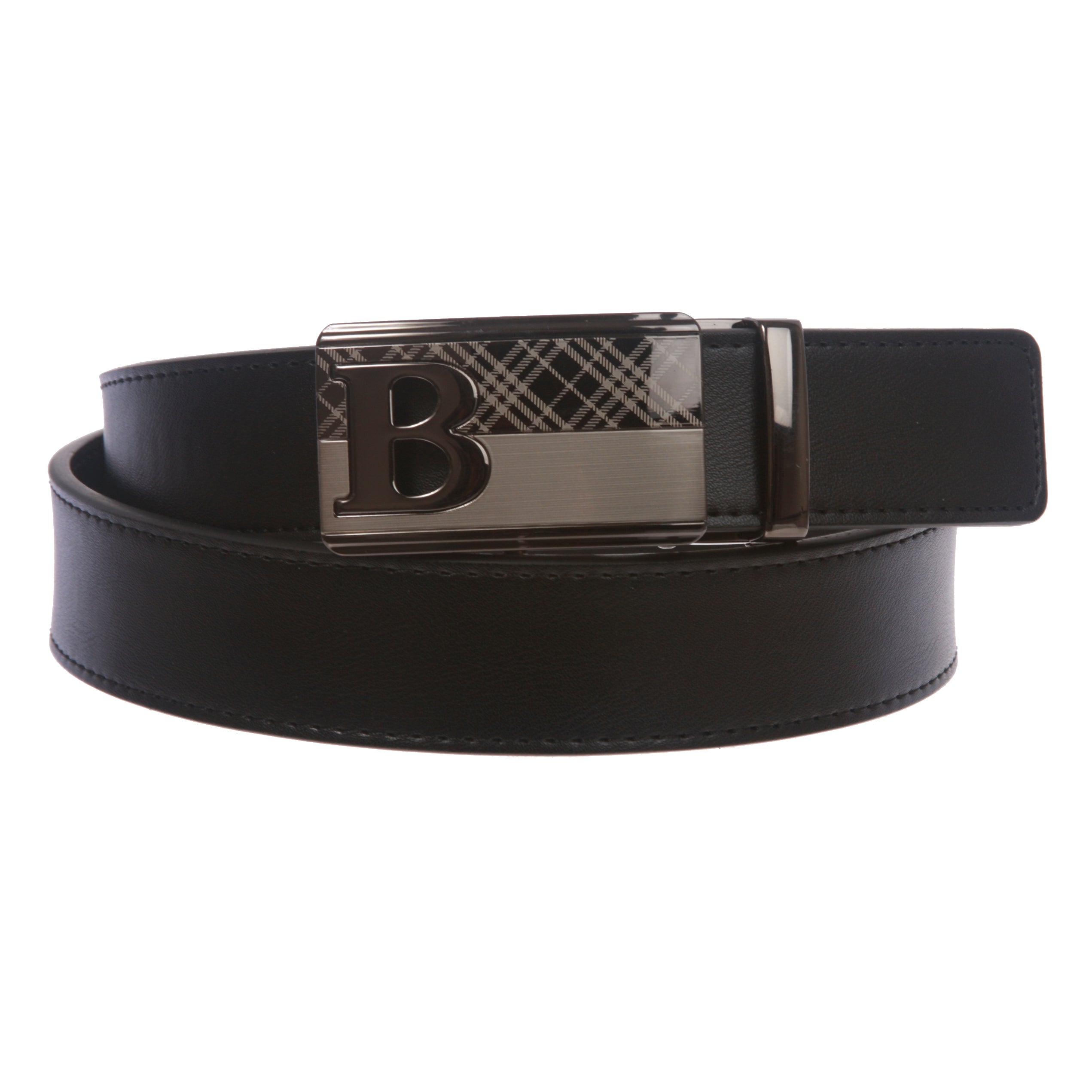 Men's Plain Leather Slide Ratchet Dress Belt with B Design Automatic Buckle - OnlineBelts
