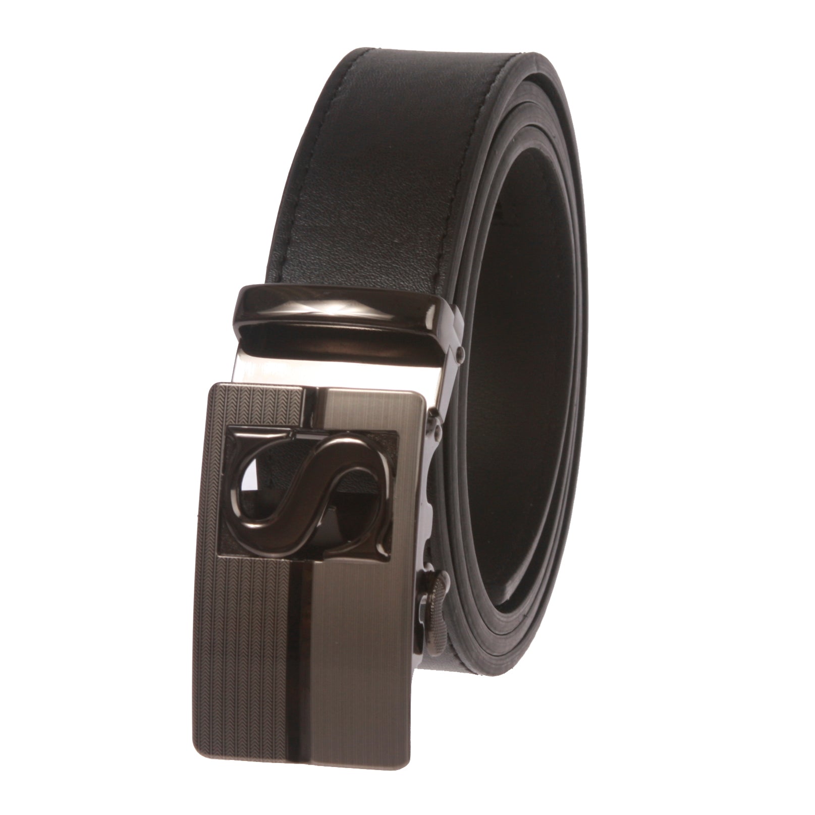 Men's Plain Leather Slide Ratchet Dress Belt with S Design Automatic Buckle - OnlineBelts