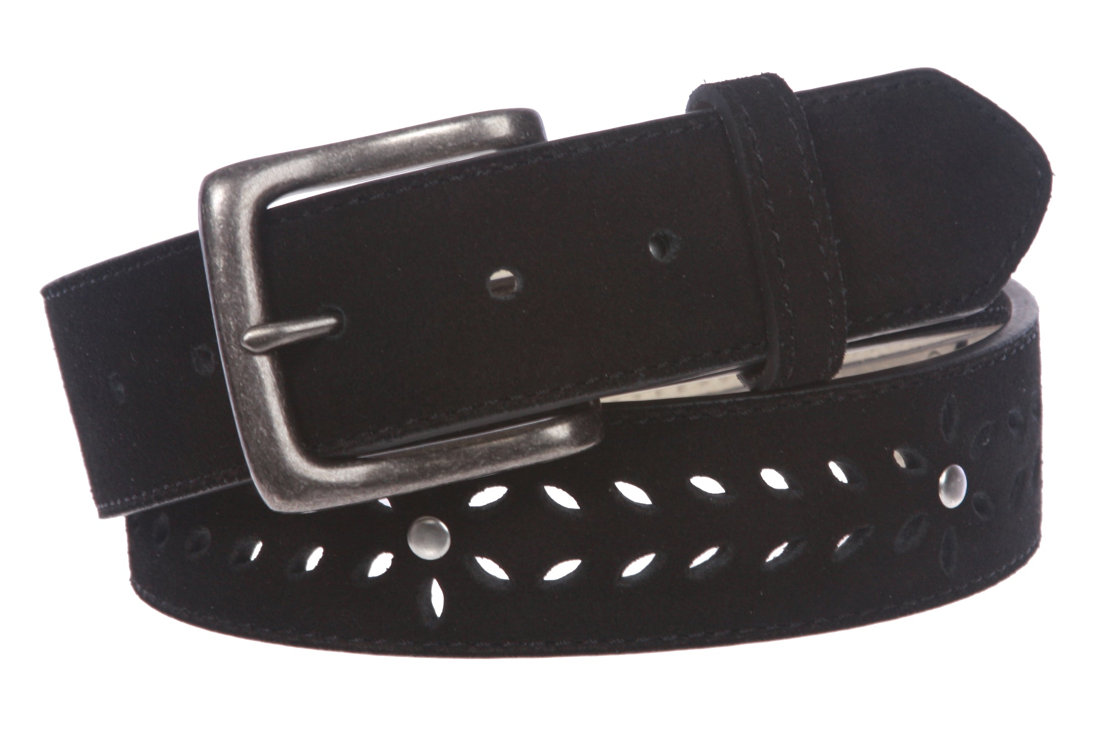 Women's 1 1/2" (38 mm) Snap on Suede Perforated Studded Leather Belt - OnlineBelts