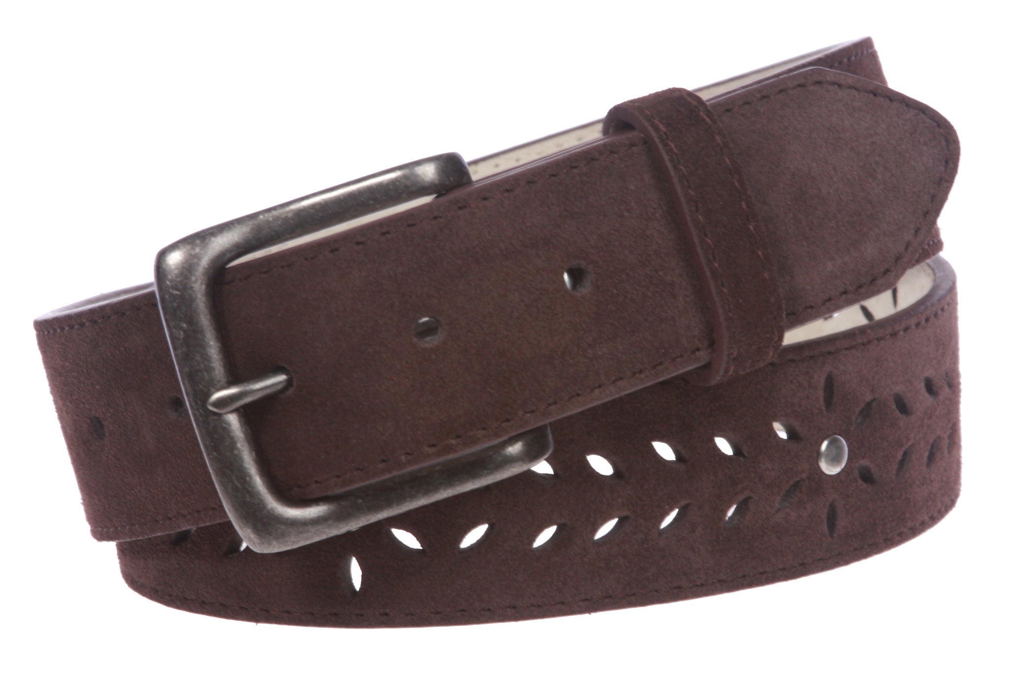 Women's 1 1/2" (38 mm) Snap on Suede Perforated Studded Leather Belt - OnlineBelts