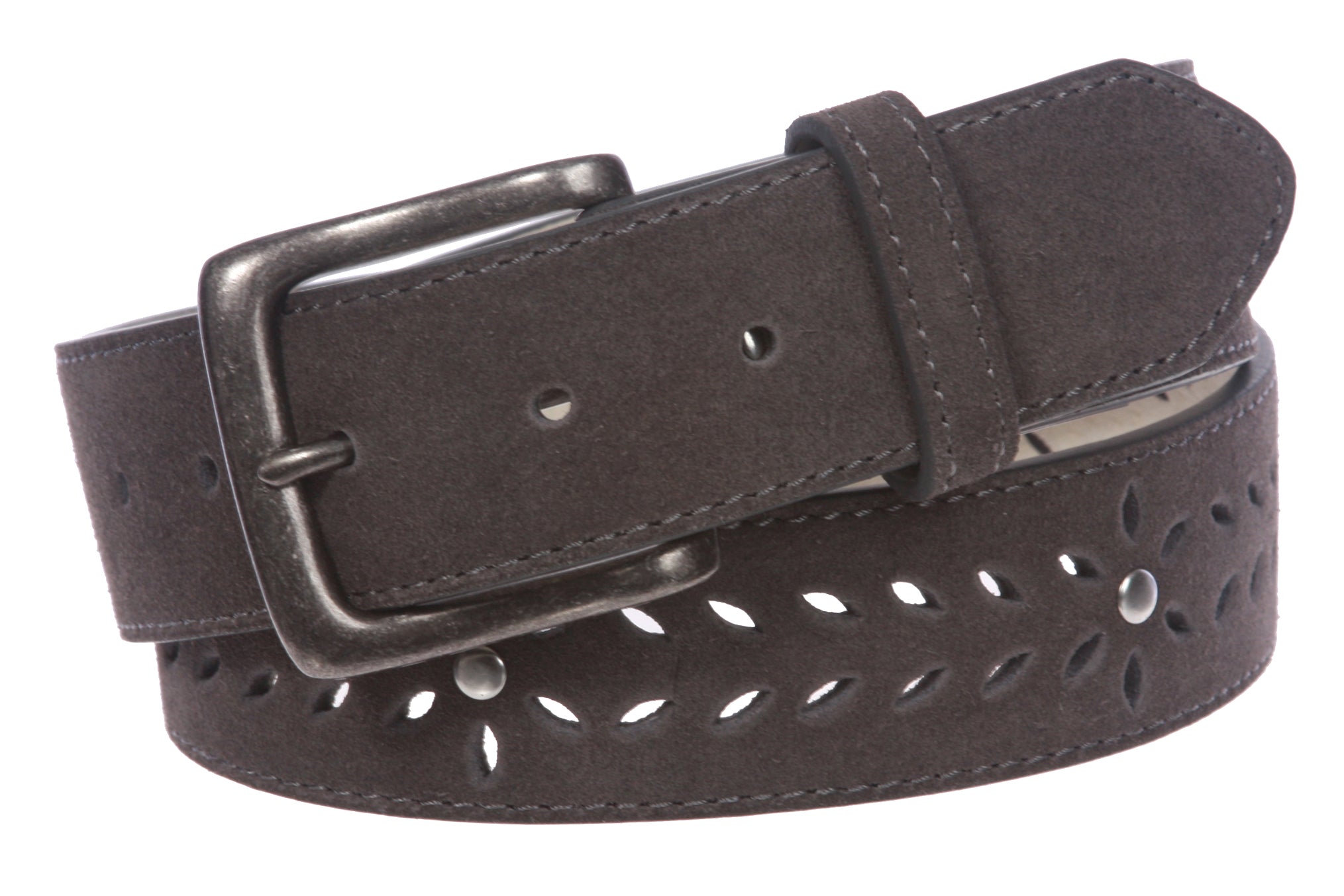 Women's 1 1/2" (38 mm) Snap on Suede Perforated Studded Leather Belt - OnlineBelts