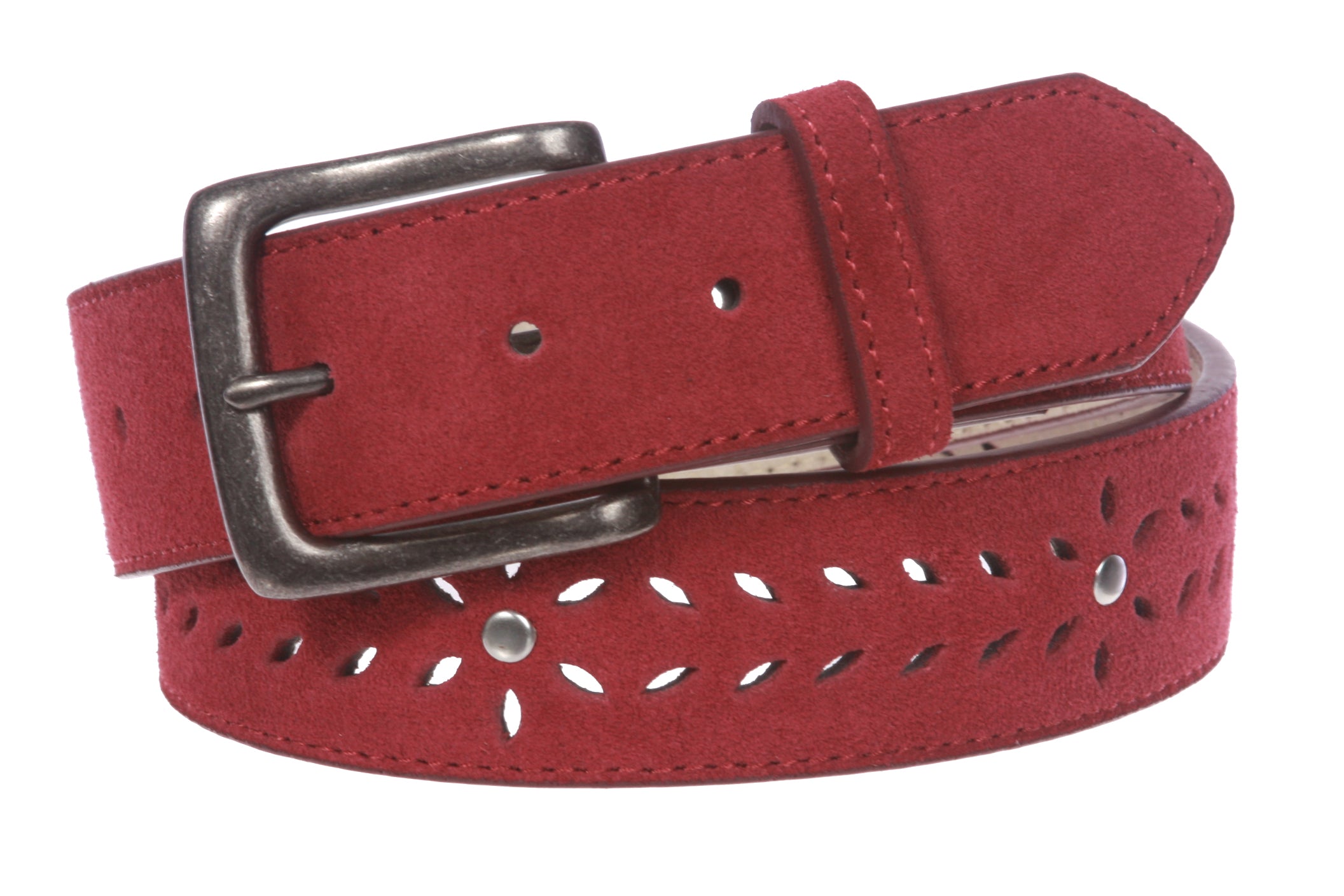 Women's 1 1/2" (38 mm) Snap on Suede Perforated Studded Leather Belt - OnlineBelts