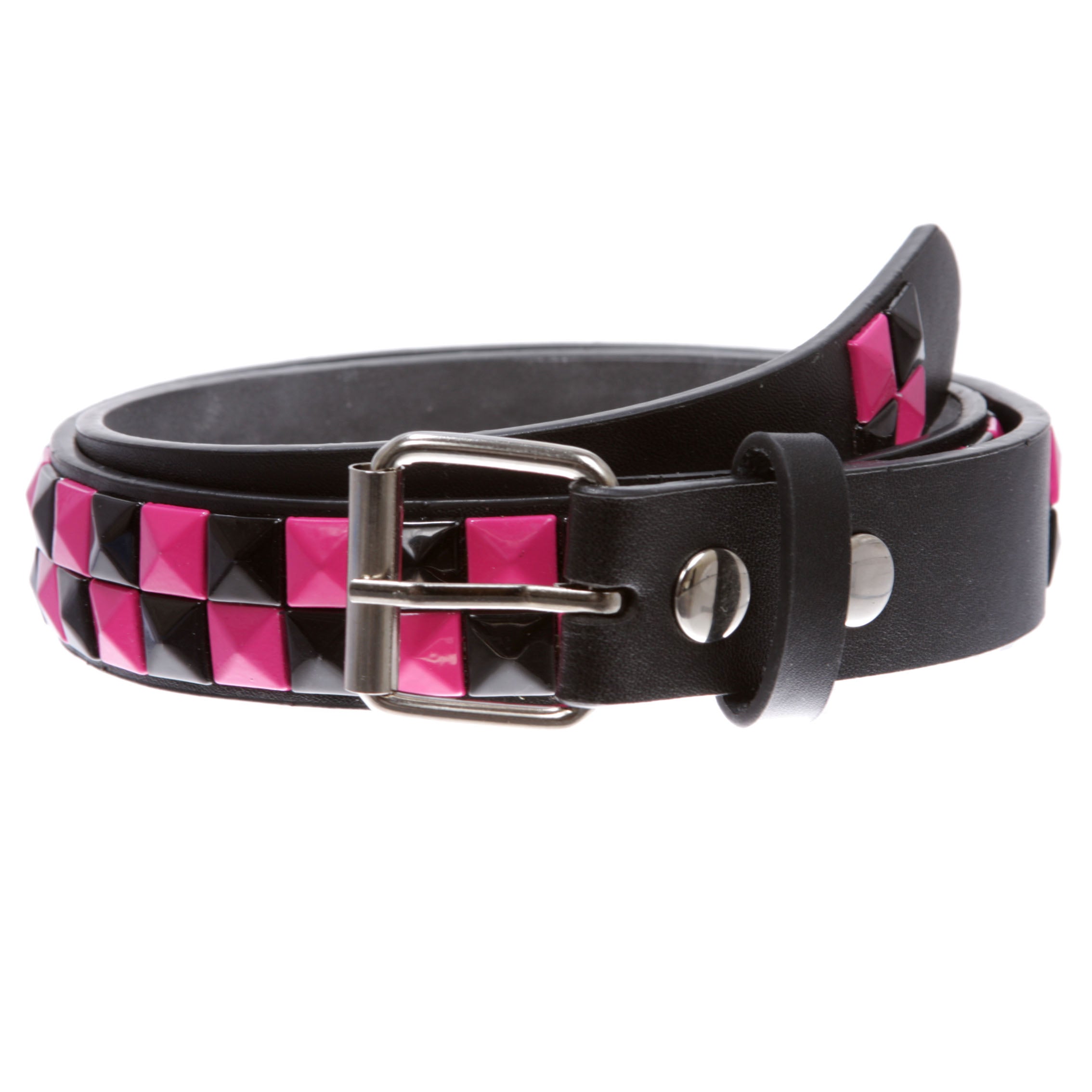 Kids Snap On Punk Rock Black & Hot Pink Star Studded Checkerboard Leather Belt - OnlineBelts